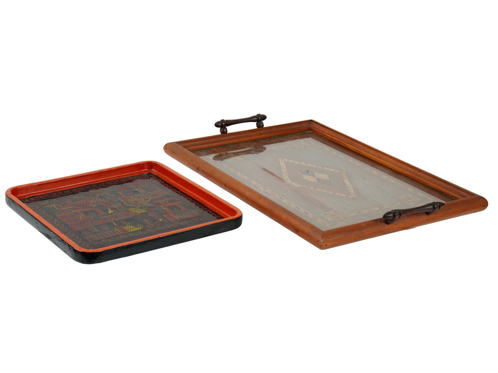 TWO VINTAGE WOODEN DECORATED TRAYS: A lot of two vintage trays, showcasing distinct craftsmanship and styles. The first wooden tray a square shaped with a black lacquer base, hand painted with a vibrant cityscape painted in orange, red,