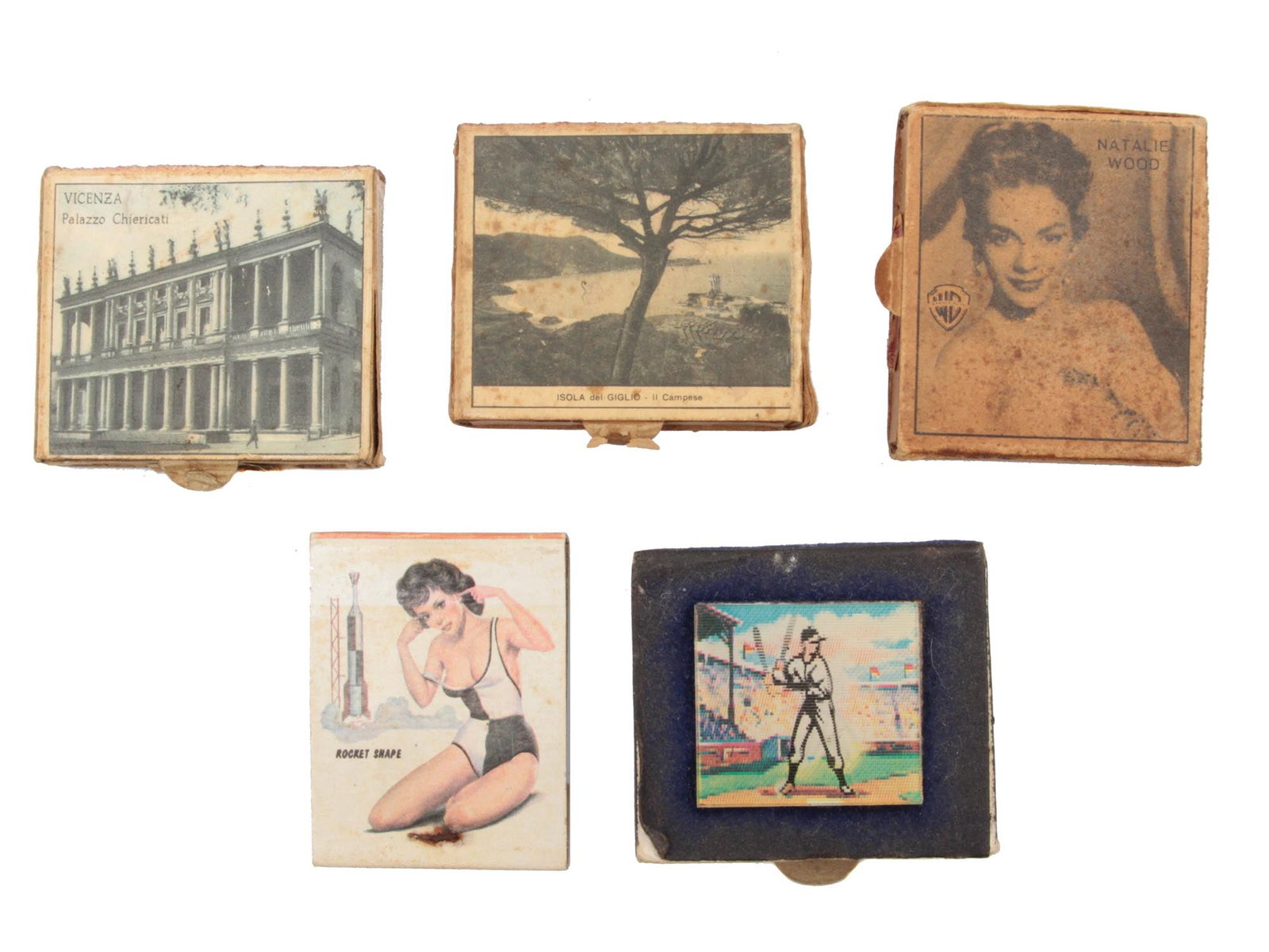 A LOT OF FIVE VINTAGE COLLECTIBLE MATCHES: These are matches with a diverse retro design:A Pin Up lady, Italian landscapes, and a baseball player in motion image. THIS LOT IS ELIGIBLE FOR A 30-DAY UNCONDITIONAL RETURN FROM THE DATE OF THE