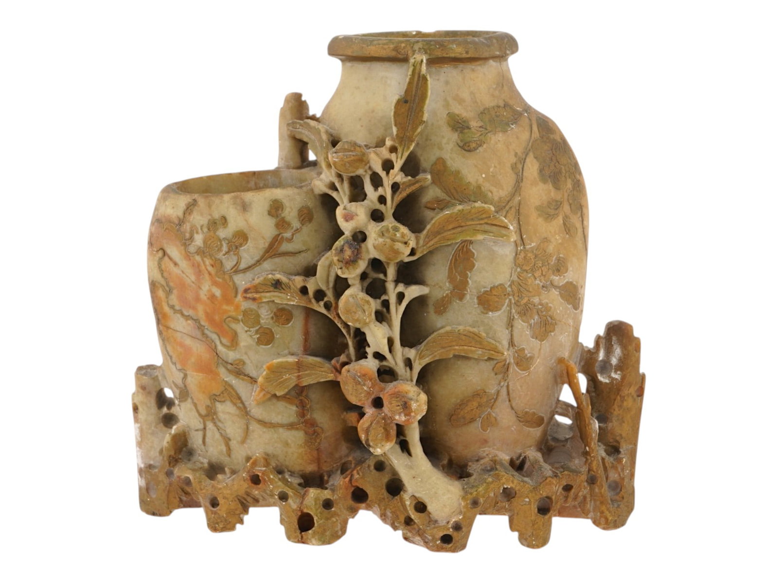 MID CENTURY CHINESE HAND CARVED SOAPSTONE VASE: A mid-20th century Chinese hand-carved soapstone decorative desk stand with two vases. Ca. 1950s to 1970s. Pierced and etched floral decor. Fine detail work. Signed PMB on the bottom. Collectible Ston