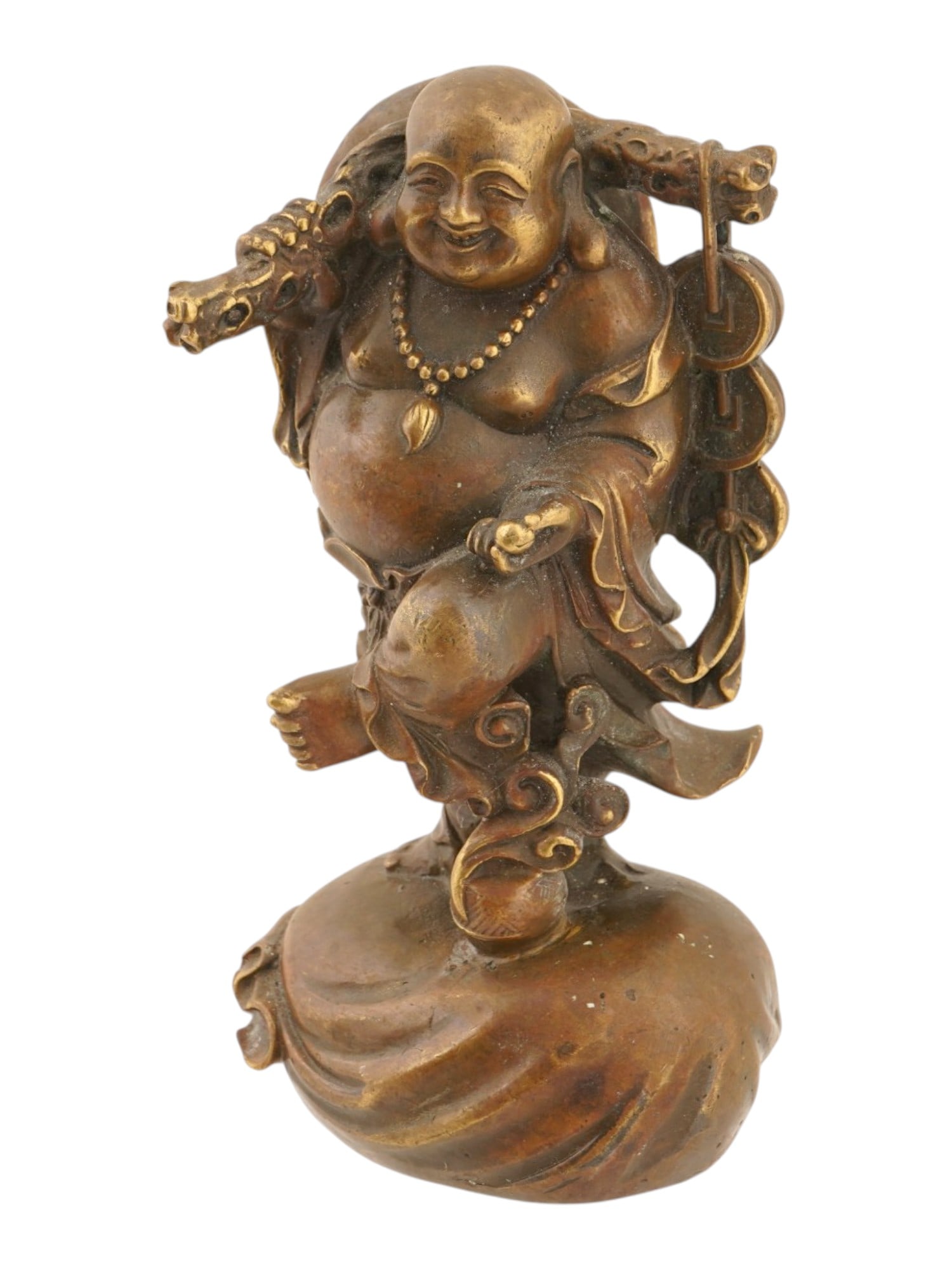 VINTAGE CHINESE BRONZE FIGURE OF BUDAI LAUGHING BUDDHA: A vintage bronze figure of Budai, the Laughing Buddha, shown carrying a shoulder pole with a ruyi scepter and a string of traditional Chinese coins. Standing atop his flowing cloth sack, the joyful fi