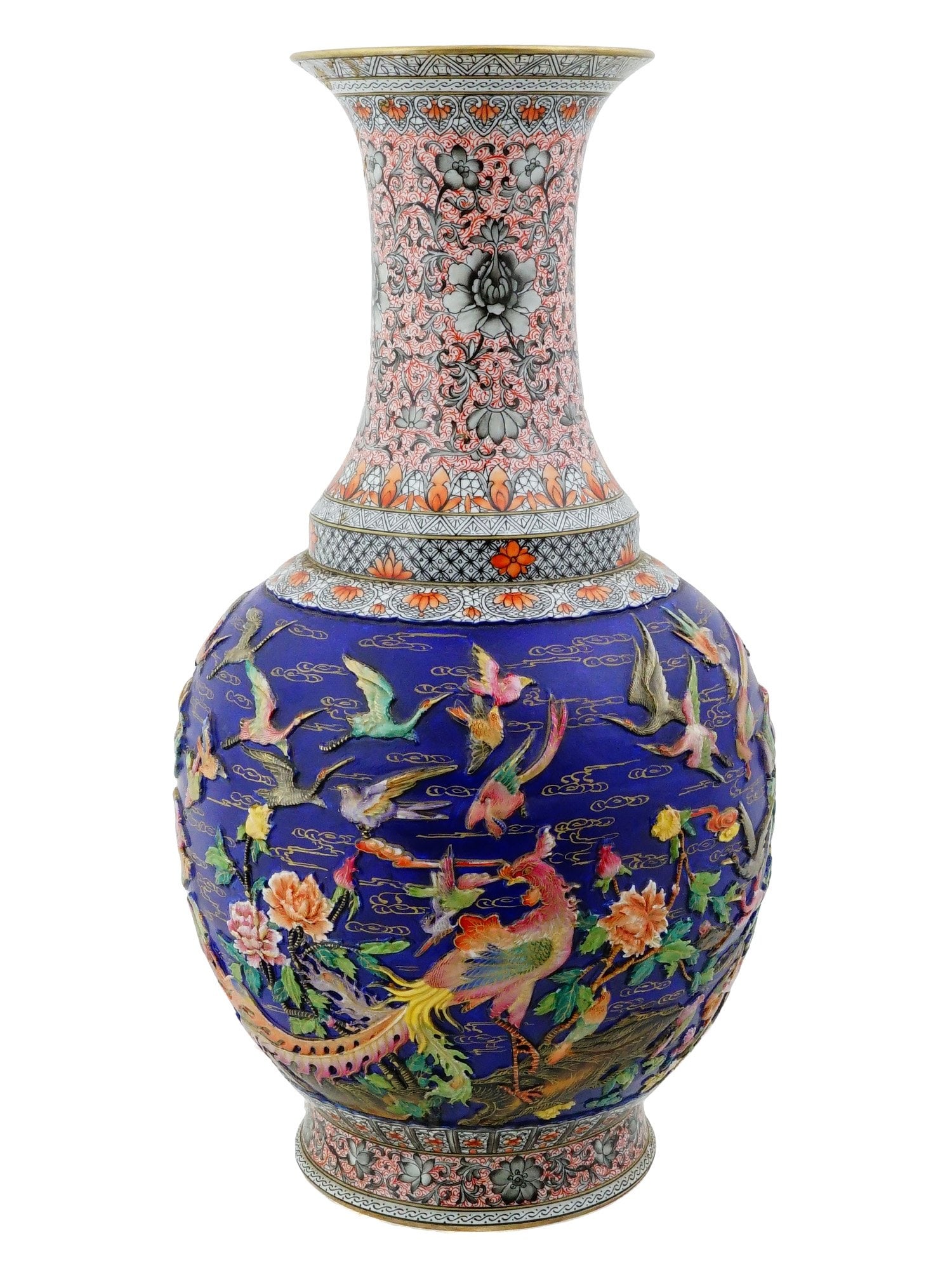 VINTAGE CHINESE CLOISONNE ENAMEL VASE WITH RELIEF DECOR: A vintage Chinese high-relief cloisonne enamel vase decorated with a phoenix, cranes, and blooming peonies on a cobalt blue ground. The sculptural design is enhanced with raised enamelwork, gilt wire 