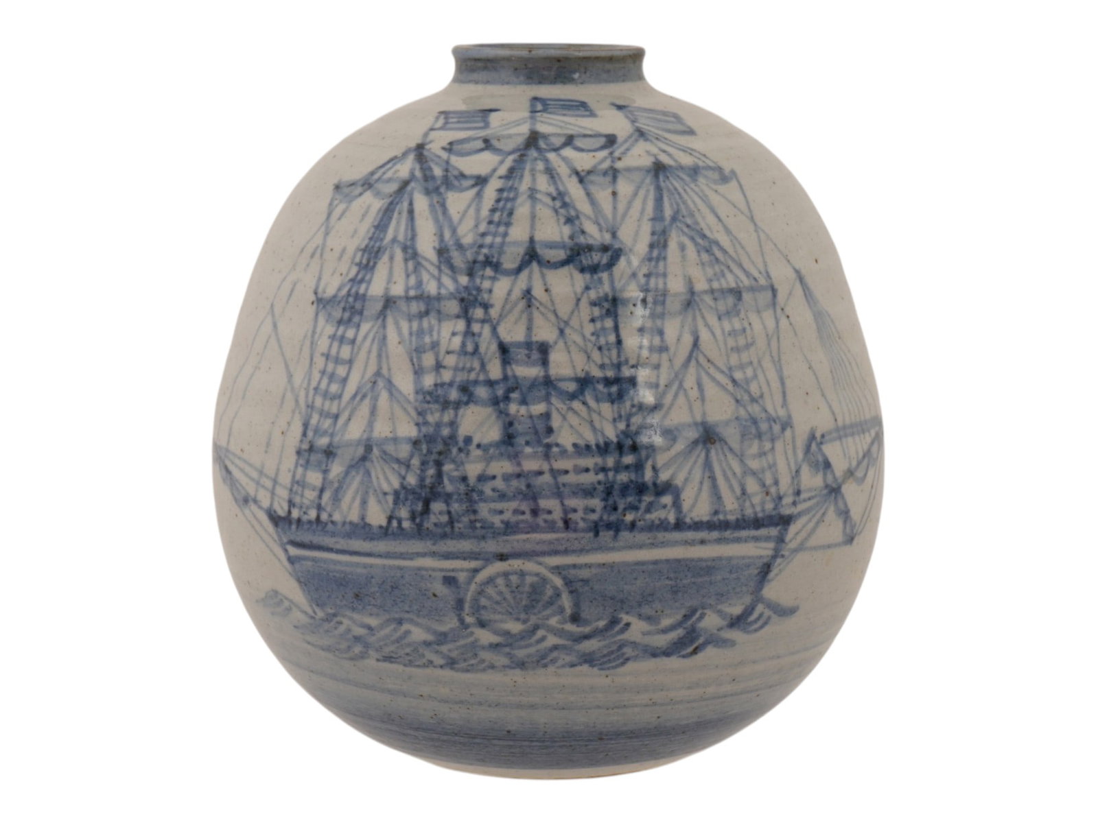 ASIAN KUTANI STYLE SHIP HAND PAINTED CERAMIC VASE: An Asian Kutani manner ceramic vase featuring the traditional Japanese style of blue and white underglaze painting. The vase has a globular shape with a narrow neck. It depicts a classic maritime scen