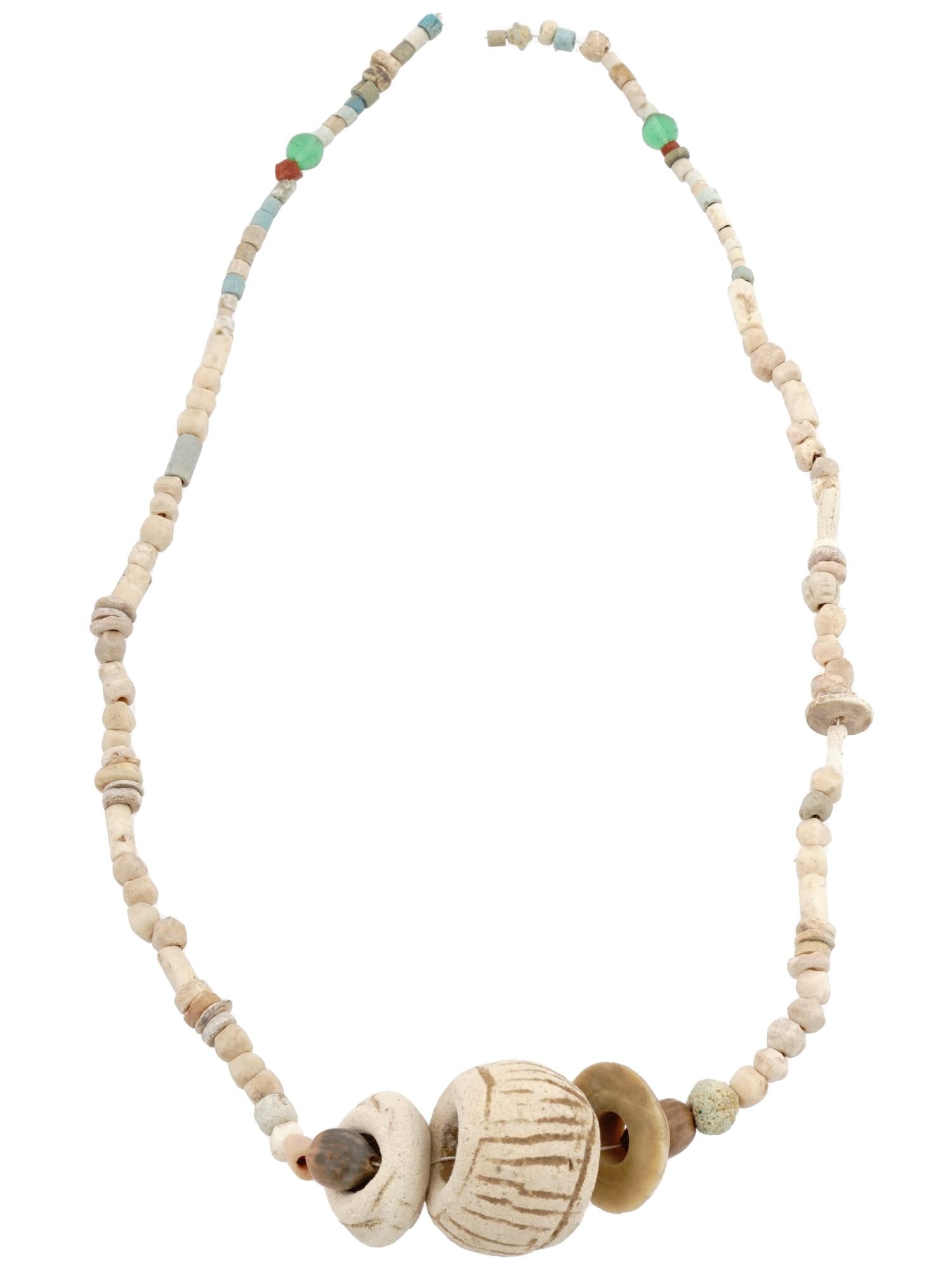 ANCIENT ROMAN GLASS EGYPTIAN FAIENCE BEADED NECKLACE: An ancient necklace made of Roman glass, Egyptian faience and ceramic beads. Roman glass, known for its distinctive colors and iridescence, is a testament to the advanced glass-making techniques of th