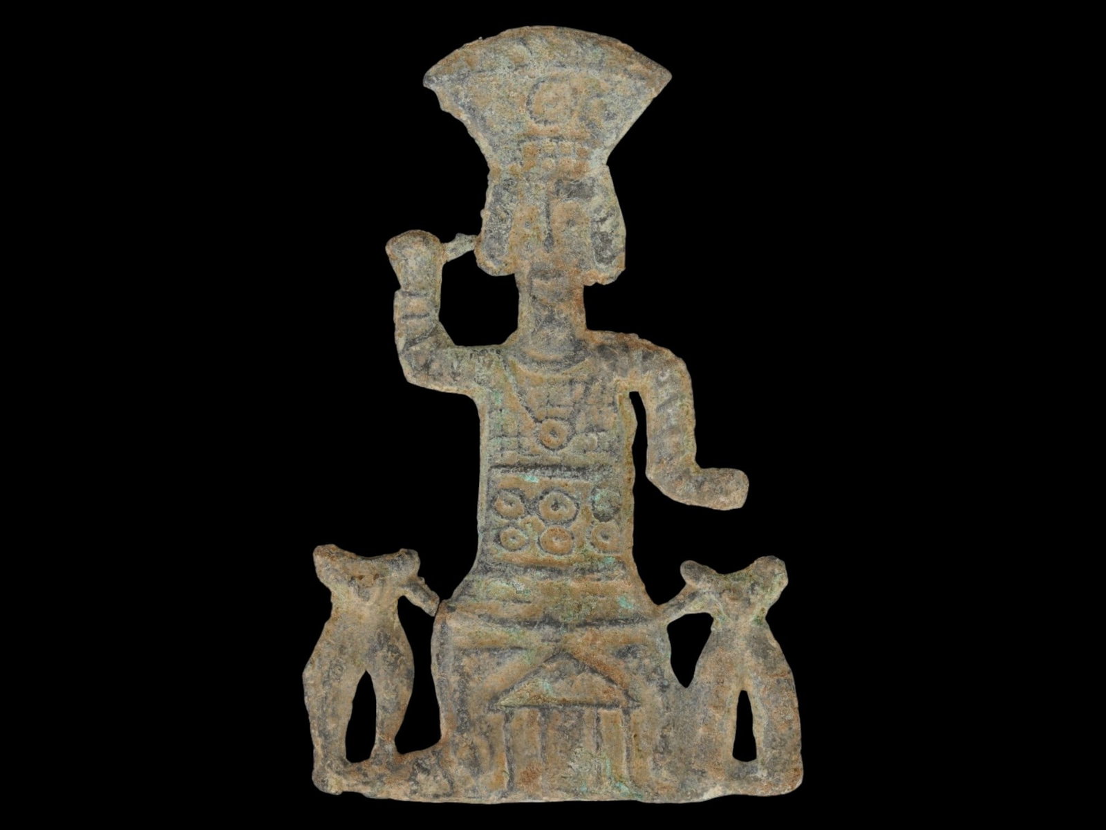 ANCIENT ROMAN VOTIVE PLAQUE JUPITER HELIOPOLITANUS: An Ancient Roman bronze plaque, the Heliopolitan Jupiter with two bulls. Late Republic to Imperial era, ca. 200 BC to 200 AD. The piece is mounted on a black marble pedestal. The cult of Jupiter Helio