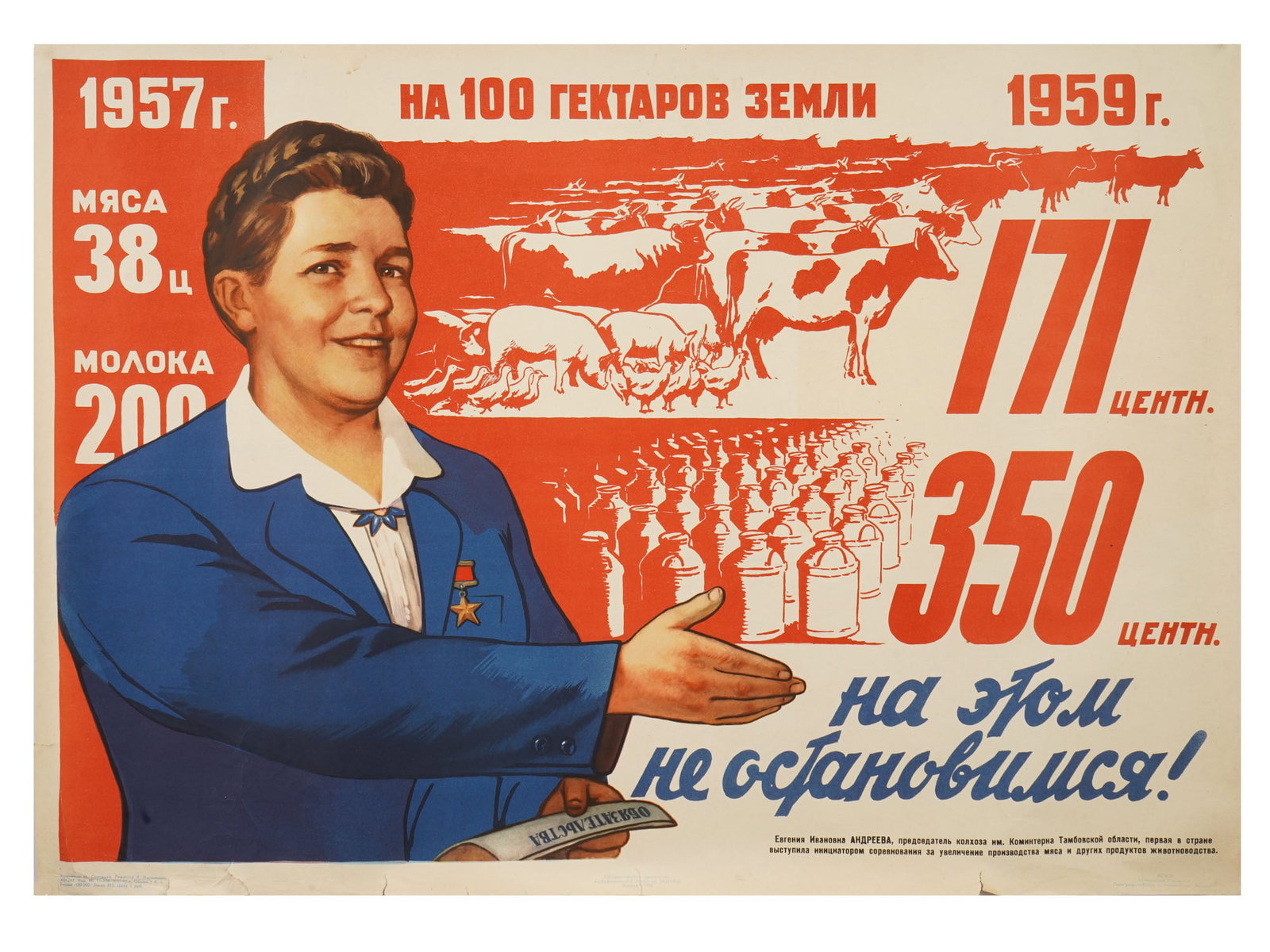 1960 RUSSIAN SOVIET ERA PROPAGANDA POSTER BY M. SOLOVIEV: A Russian Soviet era propaganda poster. The print depicts a Soviet woman in front of statistics on the improvement of indicators at the Komintern collective farm. Titled We will not stop here! Publish