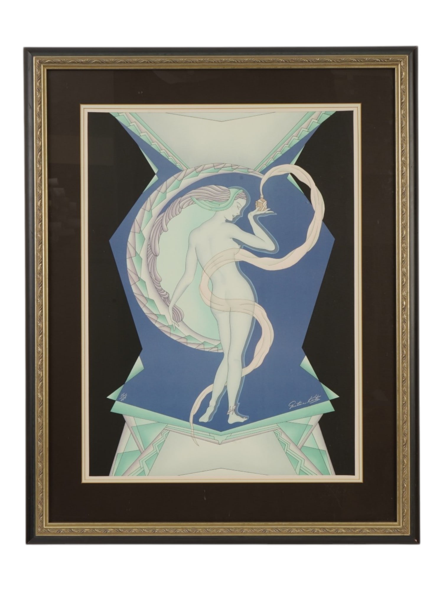 GUSTAVE KAITZ AMERICAN COMMERCIAL COLOR LITHOGRAPH: Gustave Kaitz, American, 1913 to 1992, a commercial color lithograph, signed in the lower right and numbered in the lower left. The composition depicts a stylized nymph emerging from a perfume