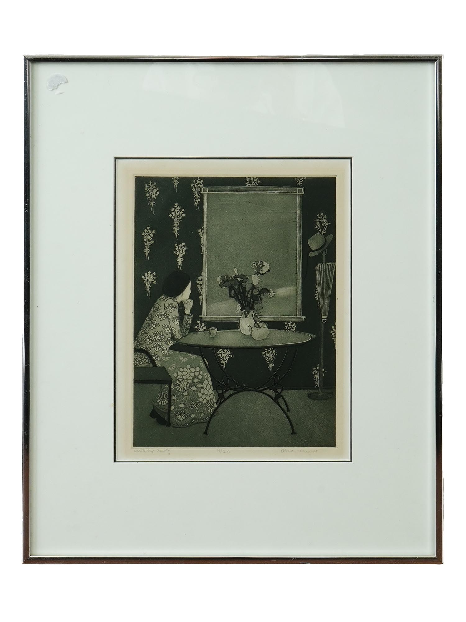 CONTEMPORARY AMERICAN ETCHING BY OLIVIA MUNROE SIGNED: Olivia Munroe, a Contemporary American painter, an etching on paper, Locking Away, depicting an interior scene with a seated lady. Signed in pencil, lower right. Titled in pencil, lower left.
