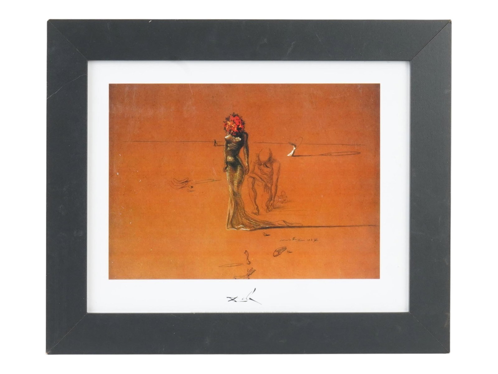 SPANISH SALVADOR DALI WOMAN W FLOWER HEAD PRINT: Salvador Dali, Spanish, 1904 to 1989, color art print titled Woman with Flower Head. The original gouache and ink on paper painting was created in 1937. Titled, signed, and dated in the print, lower