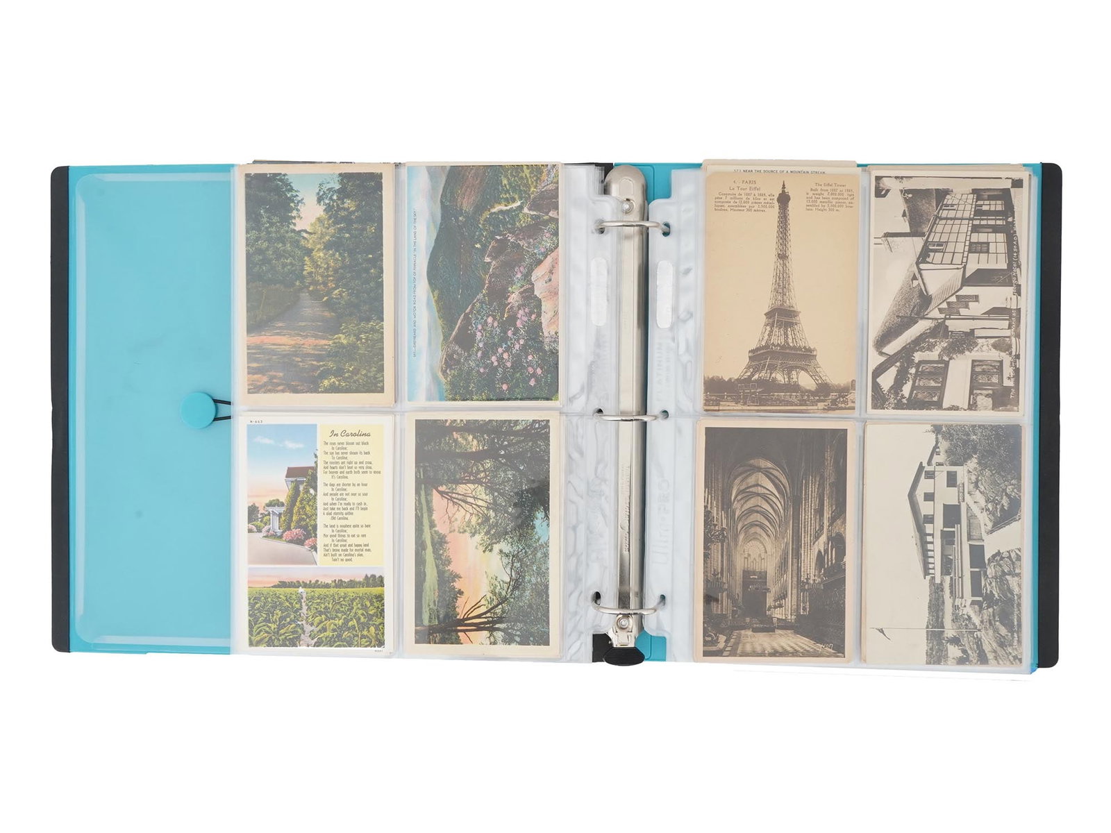 COLLECTION OF VTG TRAVEL SOUVENIR POSTCARDS IN ALBUM: A large collection of vintage color and black and white travel souvenir postcards depicting architectural structures, nature, and more. Housed in an album. Around 100 or more postcards. Antique and