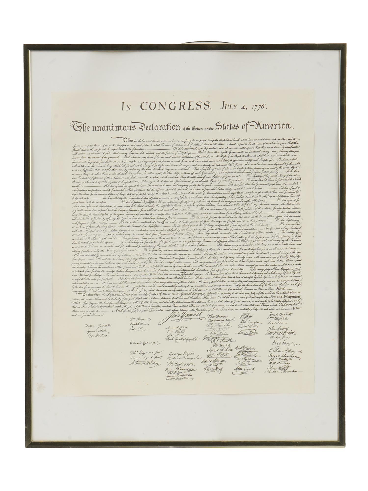 VINTAGE AMERICAN COPY DECLARATION OF INDEPENDENCE 1776: A vintage reprint copy of the historical document on aged paper, the Declaration of Independence, 1776. Framed. A document that declared the 13 American colonies independent from Great Britain in 1776