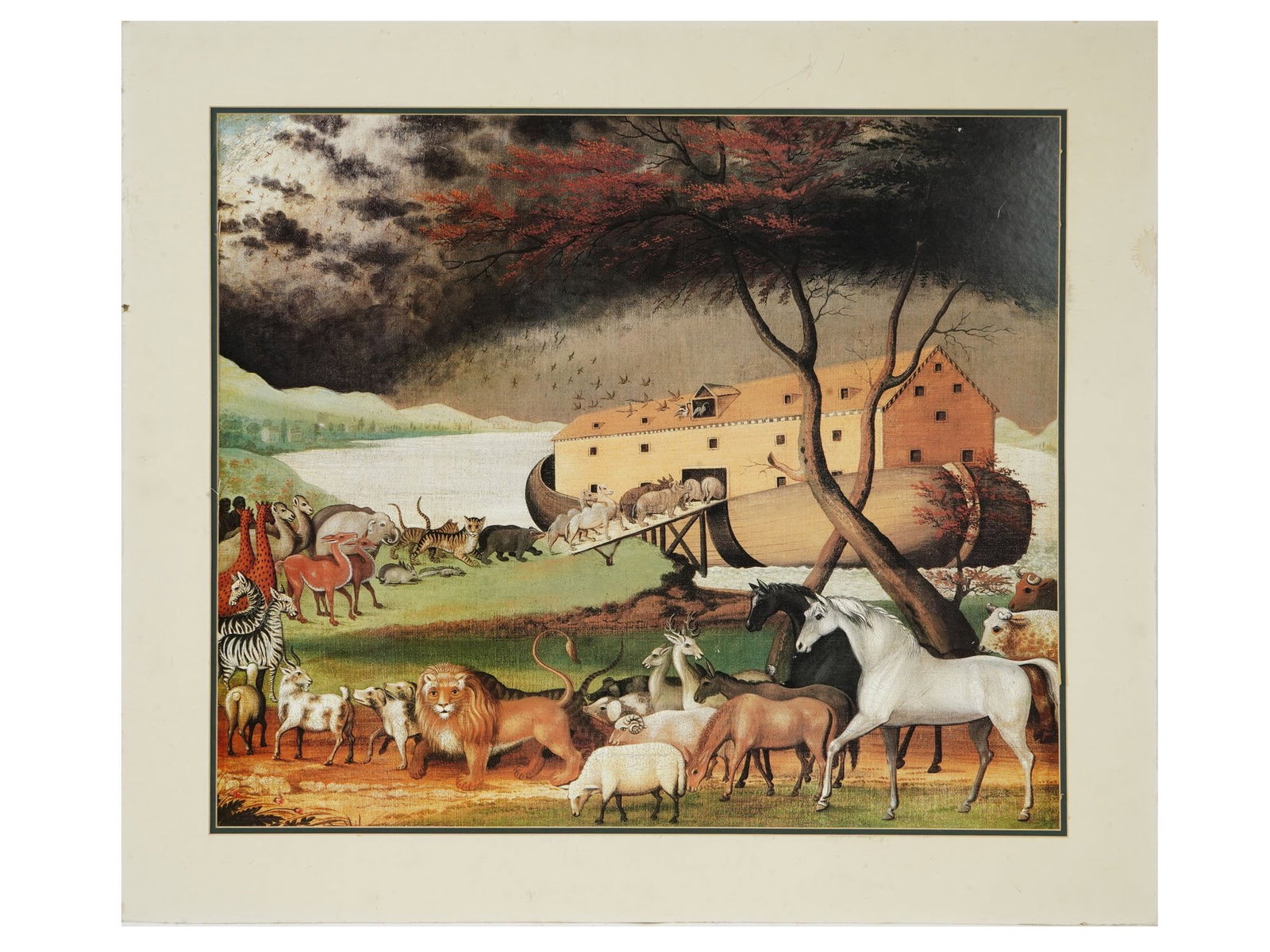 AMERICAN NOAHS ARK POSTER AFTER EDWARD HICKS: A vintage American Noahs Ark poster based on an original artwork by Edward Hicks, created in 1846 and housed in the Philadelphia Museum of Art. The work depicts a large variety of animals walking