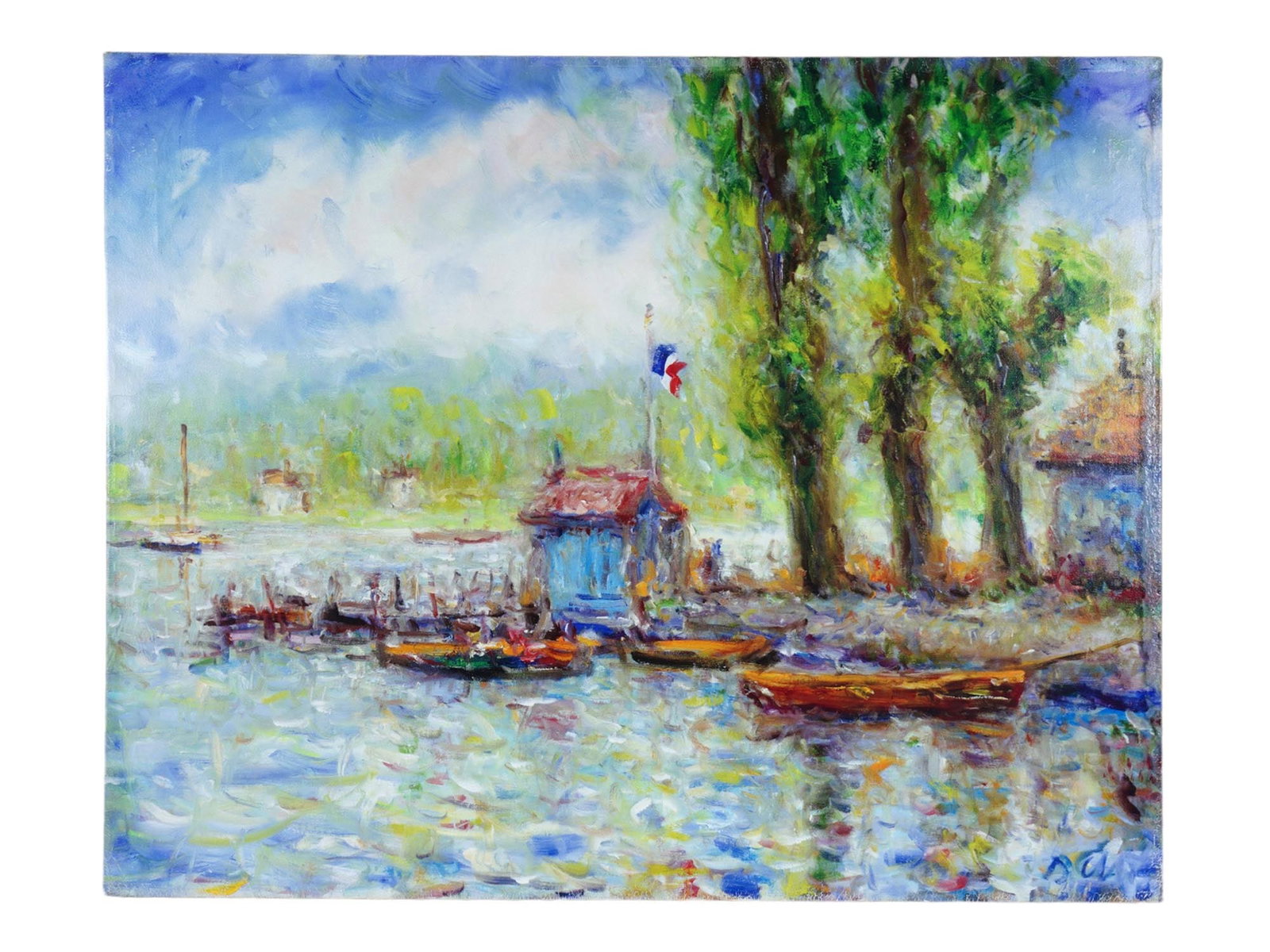 VINTAGE FRENCH IMPRESSIONIST PRINT ON CANVAS: A vintage French Impressionist print on canvas. The bright, colorful print depicts a view of a river or lake and a few boats at a pier with tall trees. Circa late 20th century. Signed with initials