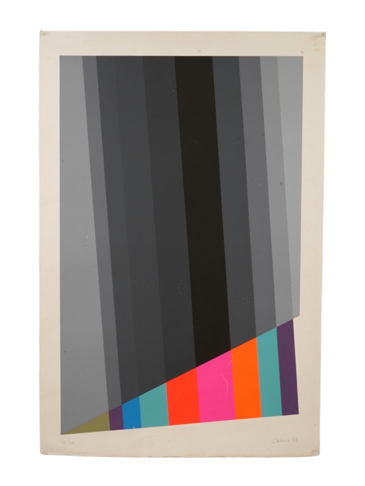 ABSTRACT OP ART SERIGRAPH SIGNED EUGENIO CARMI: An abstract op art color serigraph on paper, signed Eugenio Carmi and numbered 78 of 150 in pencil. Features a field of vertical gray stripes interrupted by a dynamic diagonal section rendered in
