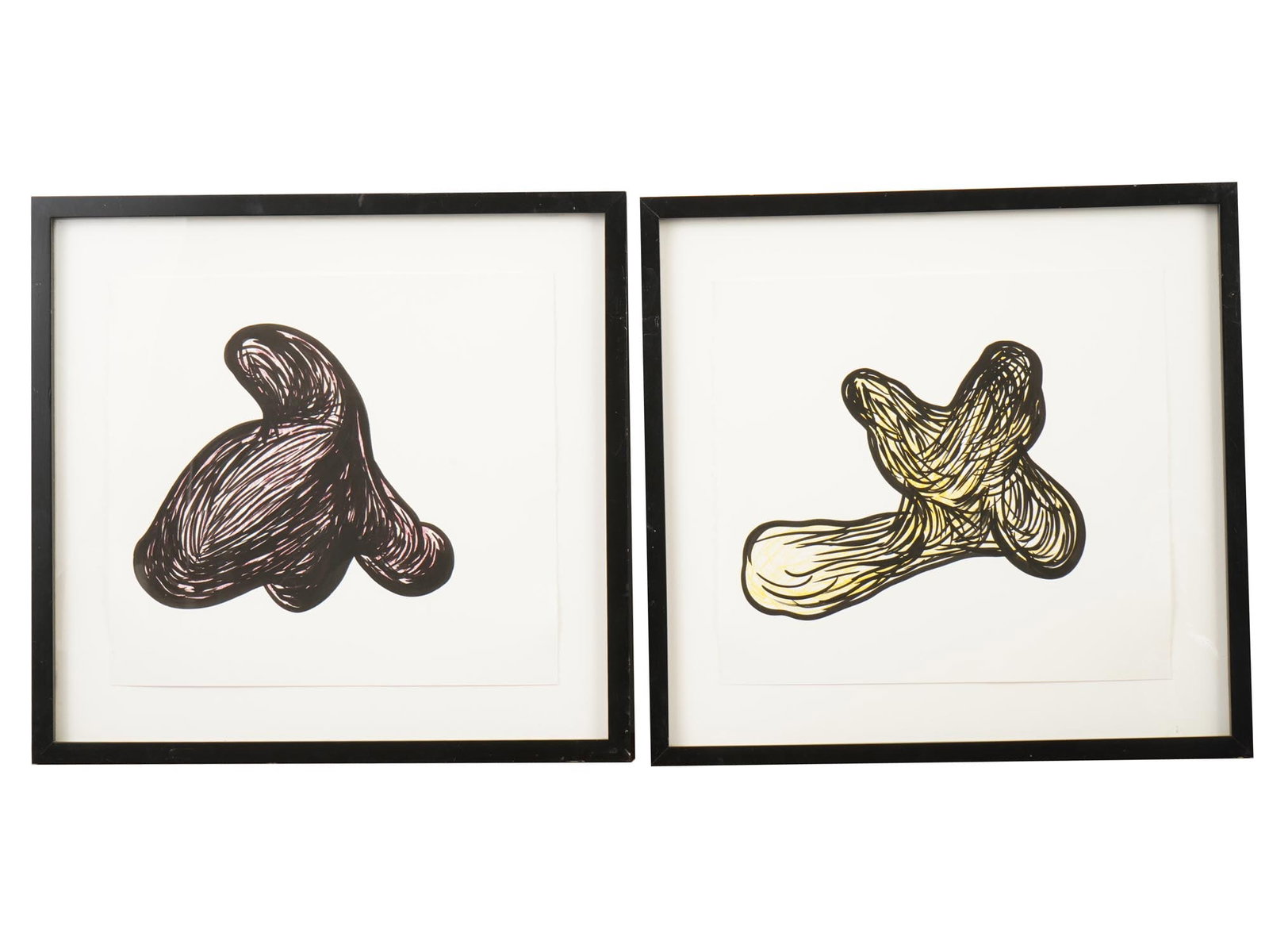 AMERICAN HAND COLORED LITHOGRAPHS BY JUSTINE WAITKUS: A pair of American hand colored lithographs by Justine Waitkus. Each piece features a central organic form, reminiscent of botanical roots or abstract tubers, rendered with dense cross-hatching and