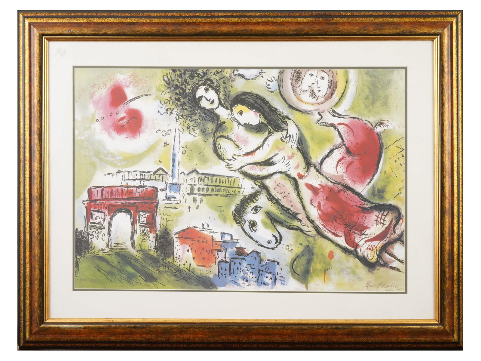 AFTER MARC CHAGALL RUSSIAN FRENCH COLOR LITHOGRAPH: A limited edition photomechanical offset color lithograph titled Romeo and Juliet produced after the original work by Russian French artist Marc Chagall. Printed in 2006 after the creator passed,