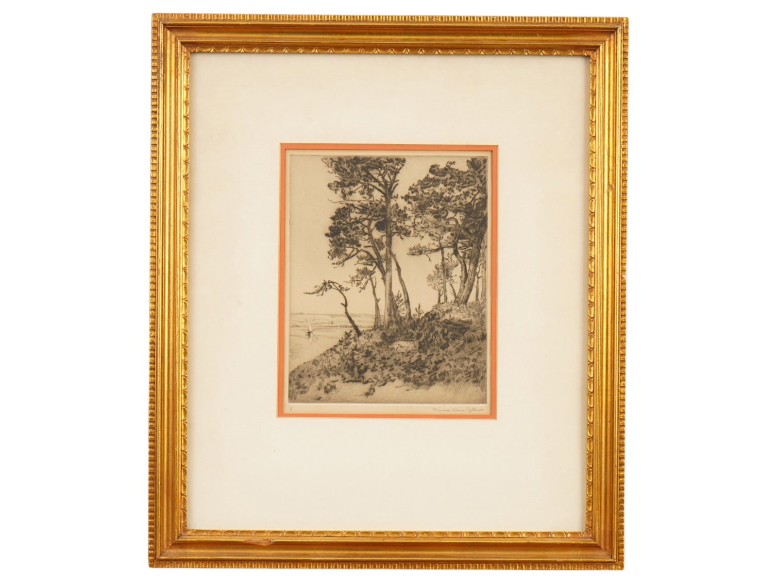 LANDSCAPE ETCHING SIGNED COASTAL TREES AND BOAT: A landscape etching signed lower right in pencil. The composition portrays a rugged coastal bluff crowned with windswept pine and fir trees overlooking calm waters, with a solitary sailboat visible