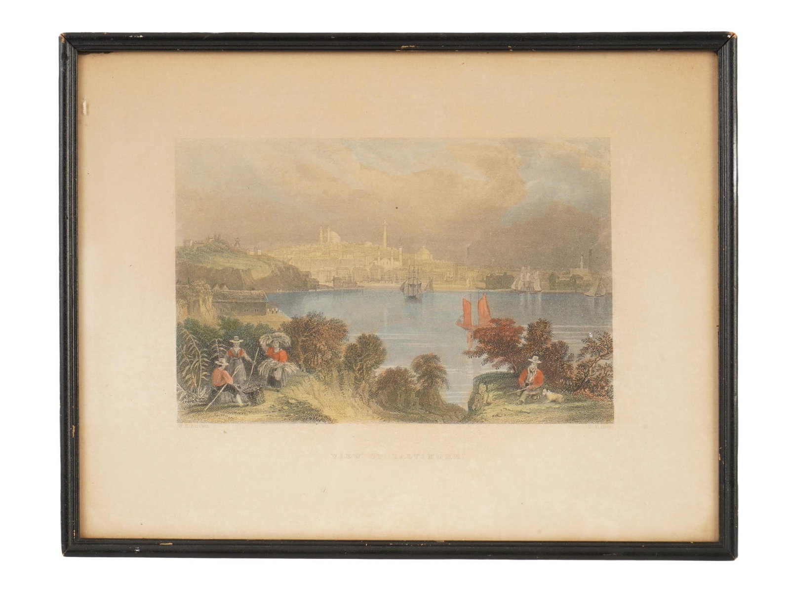 SAMUEL FISHER ANTIQUE COLOR ENGRAVING AFTER BARTLETT: An antique 19th-century steel color engraving by Samuel Fisher, British, 1802 to 1855, titled View of Baltimore, after William Henry Bartlett, a British landscape artist. The original artwork was
