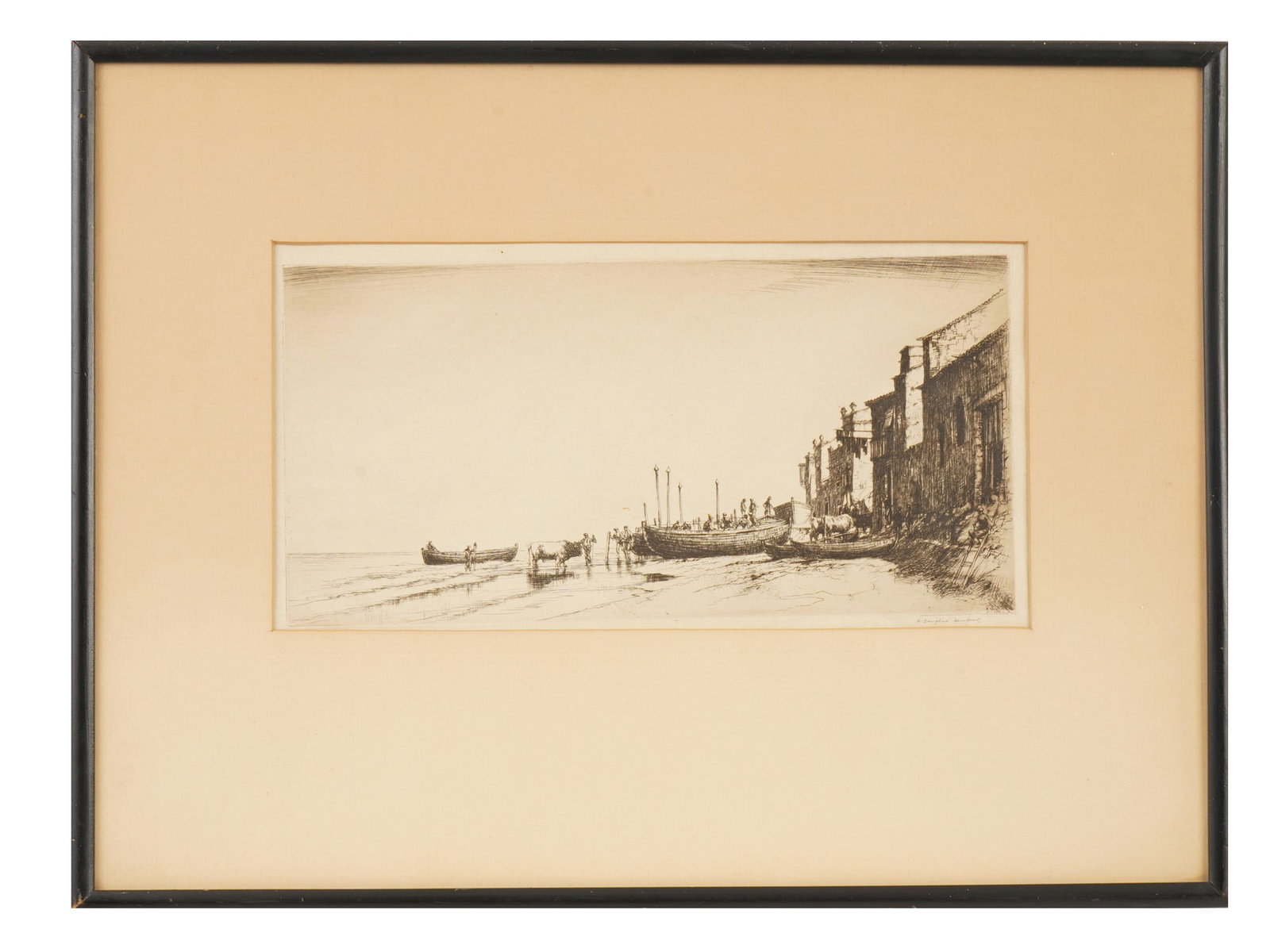 WILLIAM DOUGLAS MACLEOD SCOTTISH ETCHING SOUTHERN SPAIN: William Douglas Macleod, Scottish, 1892 to 1963, a drypoint etching titled Southern Spain created in the late 1920s. The composition depicts a sun-drenched coastal scene with cattle crossing shallow