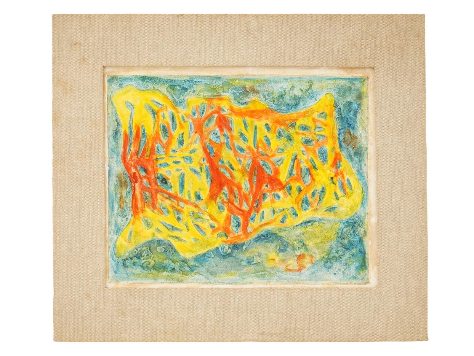 DOLF RIESER SOUTH AFRICAN ABSTRACT PRINT ON PLASTER: An abstract print on plaster, siigned with initials D. R., for Dolf Rieser lower right. Dolf Rieser, 1898 to 1983 was a South African painter, printmaker, and teacher. He illustrated the 1952 edition 