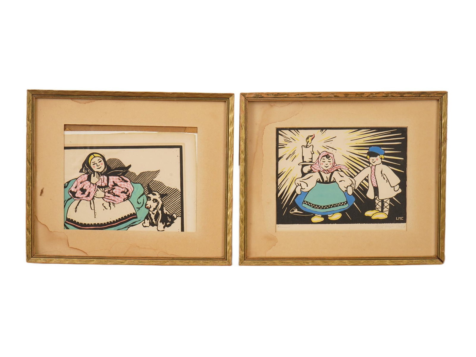 TWO PRINTS BY LOTTIE MEYER CATOK FAITHFUL AND ROMANCE: Two hand-colored linocut prints by Massachusetts artist Lottie Meyer Catok, signed with the artists LMC monogram, executed in a folk-art style. The group includes charming figurative compositions such