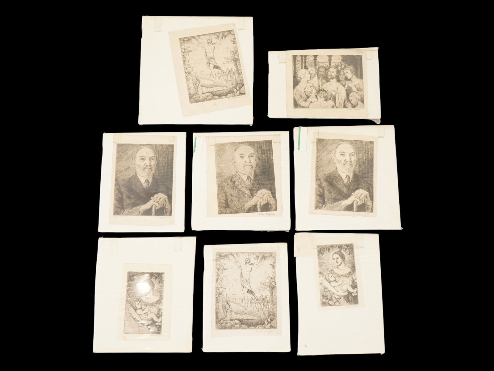 EDITH KROGER NAGLER AMERICAN GENRE ETCHINGS: Edith Kroger Nagler, American, 1890 to 1986, a lot of 8 etchings on paper. Portrait of a man with a cane, three copies. Ressurection of Jesus Christ, two copies. Madonna with Child, two copies. Jesus 