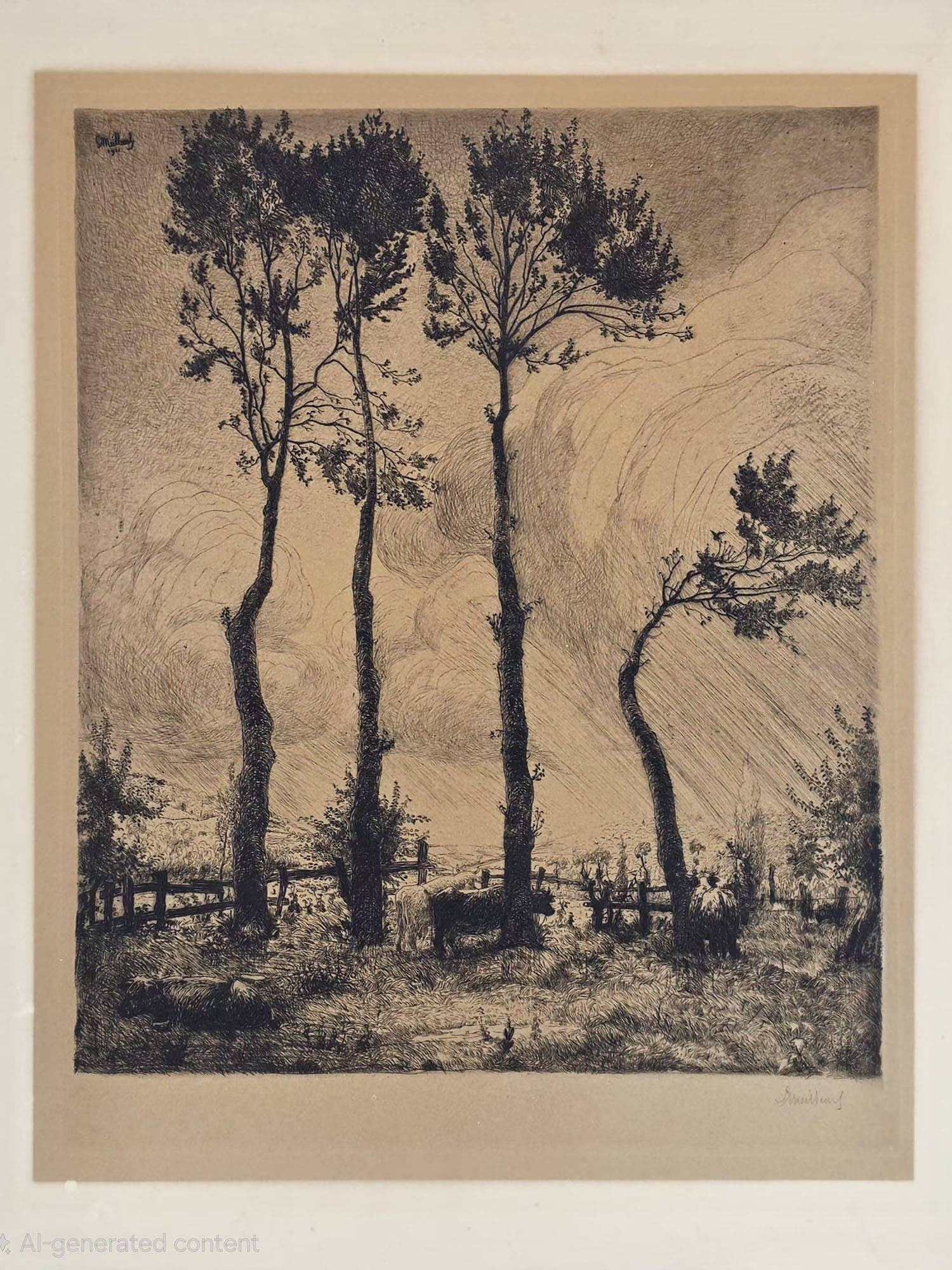ANTIQUE FRENCH ETCHING BY GEORGES LE MEILLEUR 1911: An original antique etching Meadows at Montville by French artist Georges Le Meilleur, 1911. The etching depicts a rural landscape in the Au pays de Caux region of Normandy, France. Signed and dated u