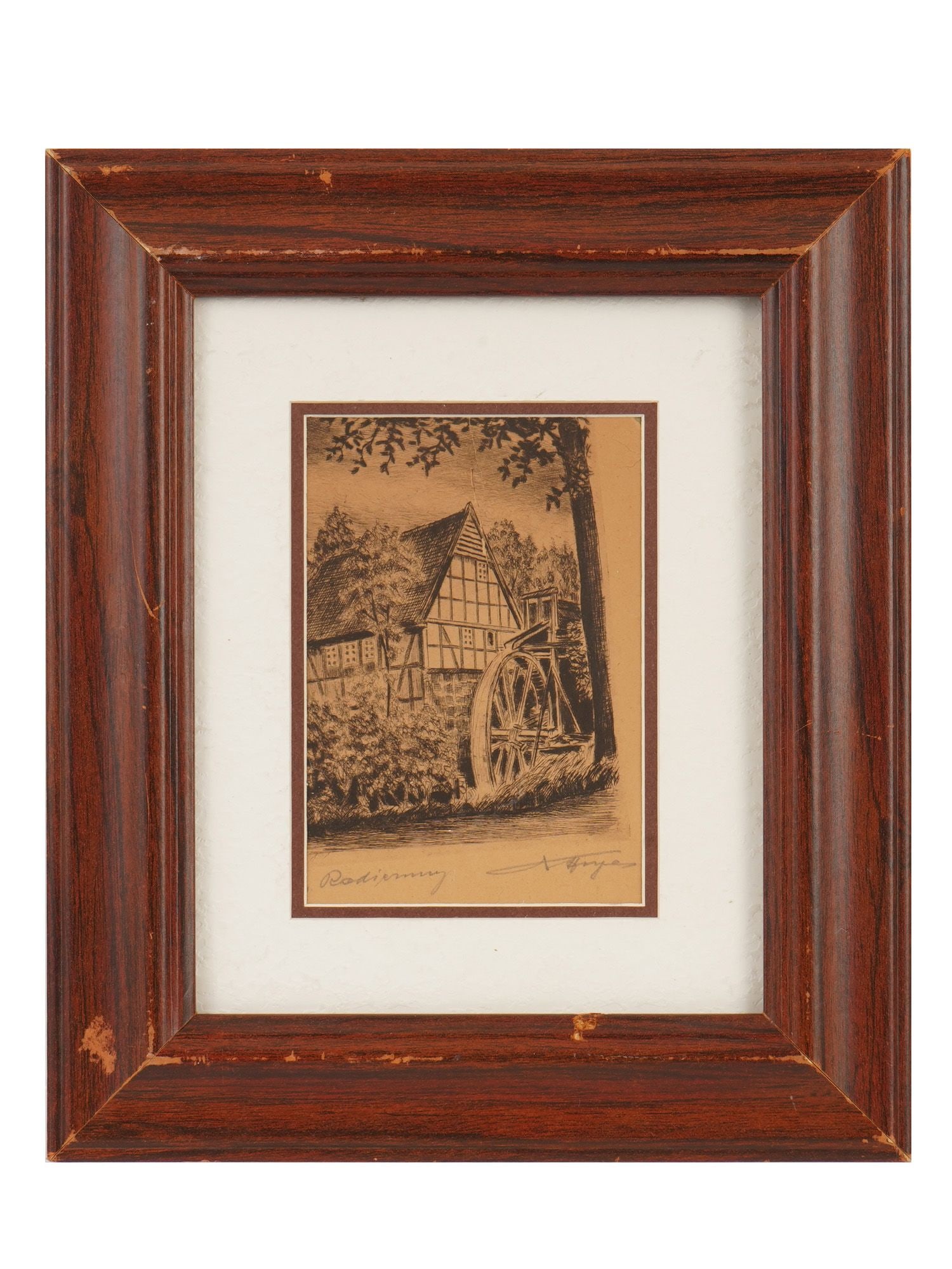 VINTAGE WATERMILL LANDSCAPE ENGRAVING SIGNED: Engraving on paper. View of a watermill. Illegibly signed and titled below. Undated. Framed. Collectible Graphic Art, Rural Landscape, Wall Decor. THIS LOT IS ELIGIBLE FOR A 30-DAY UNCONDITIONAL RETUR
