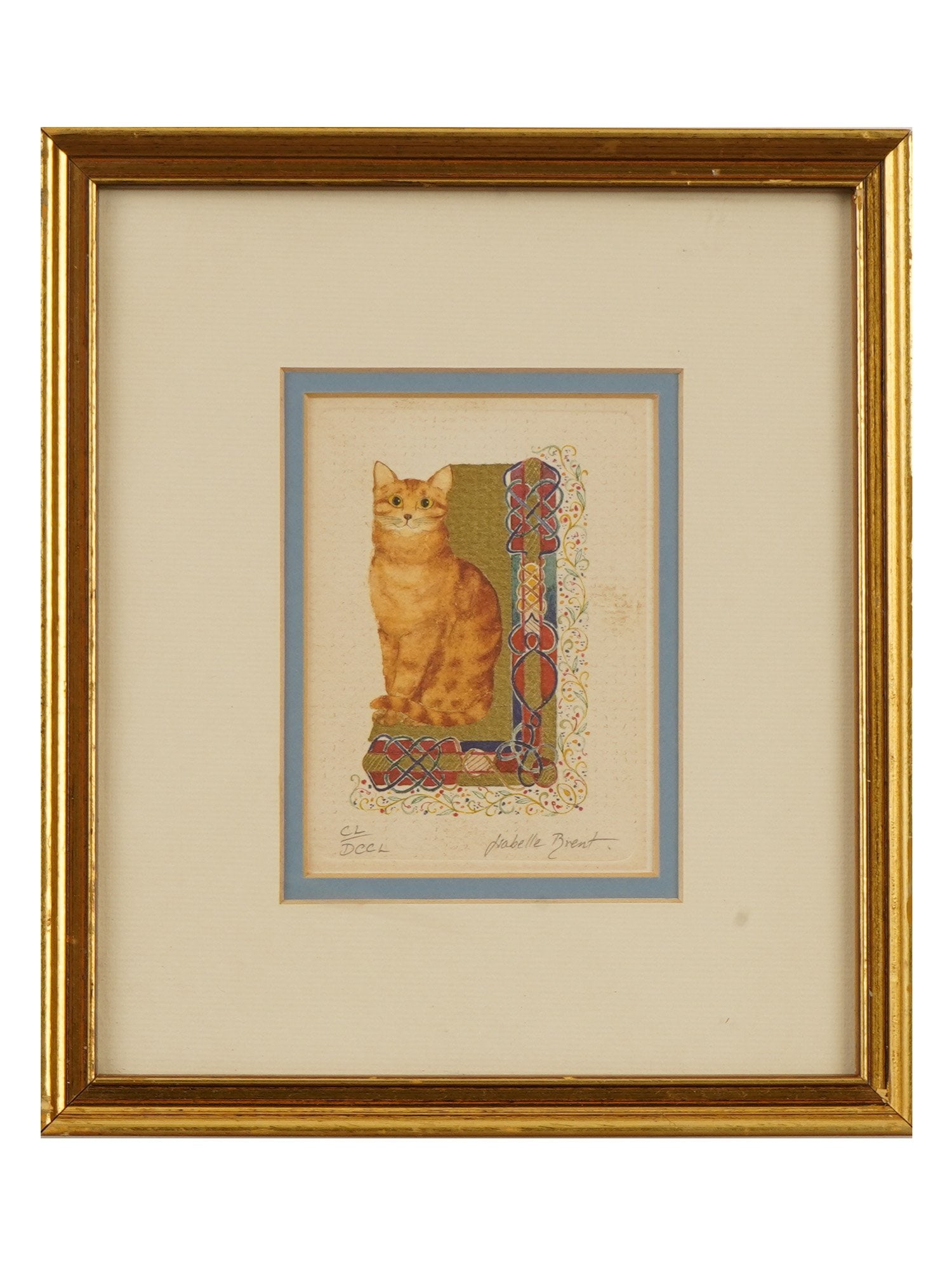 BRITISH CAT GILT COLOR PRINT BY ISABELLE BRENT SIGNED: A limited edition color print on paper, Smug Cat, by British artist Isabelle Brent, born 1961. The work is hand finished with gold leaf highlights. Signed by the artist in pencil to the lower right an