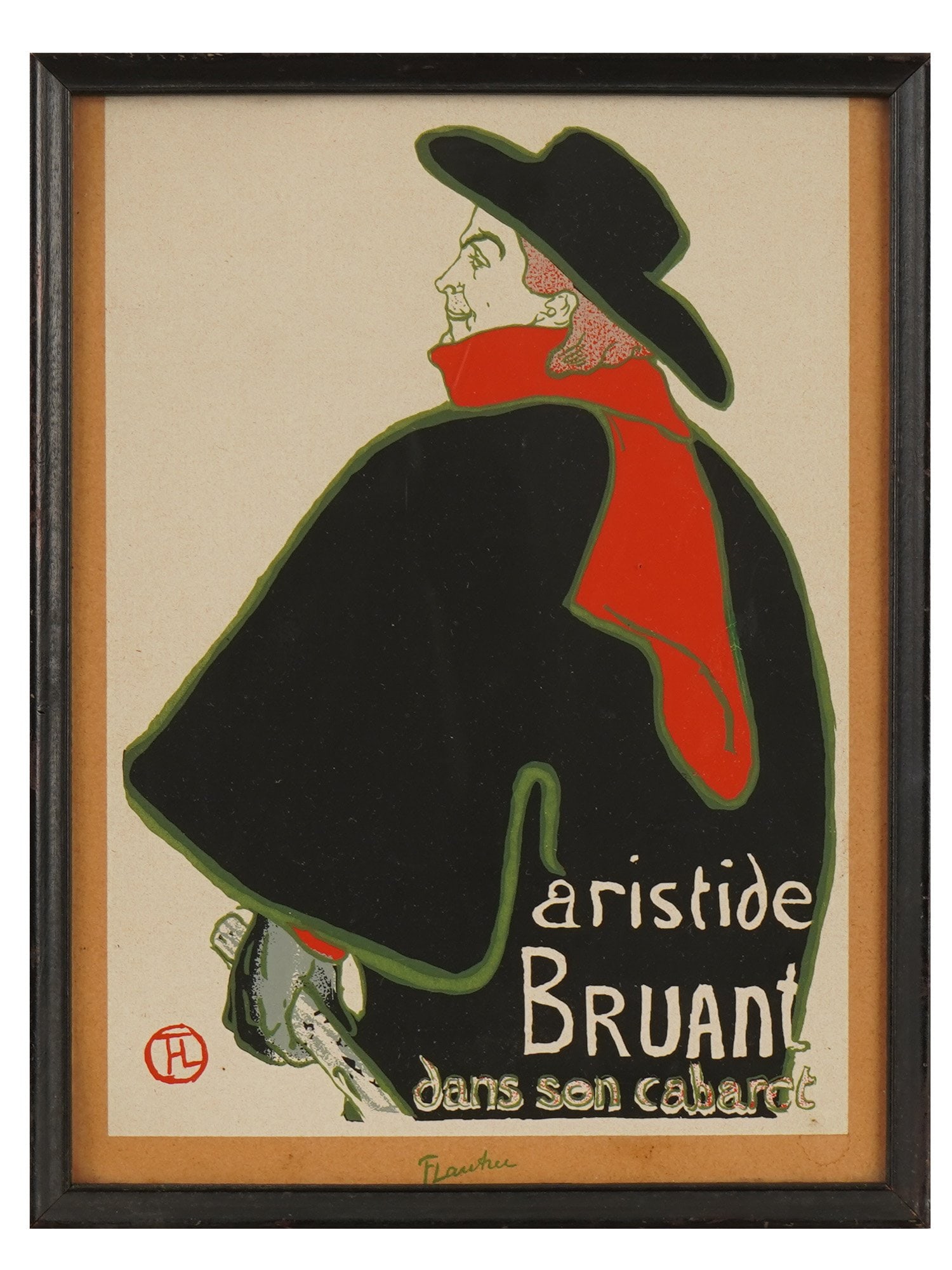 MID CEN BRUANT LITHOGRAPH AFTER TOULOUSE LAUTREC: A mid 20th century color lithograph on paper after the iconic 1892 poster by Henri de Toulouse Lautrec, depicting the French cabaret singer and comedian Aristide Bruant. The composition features Bruan