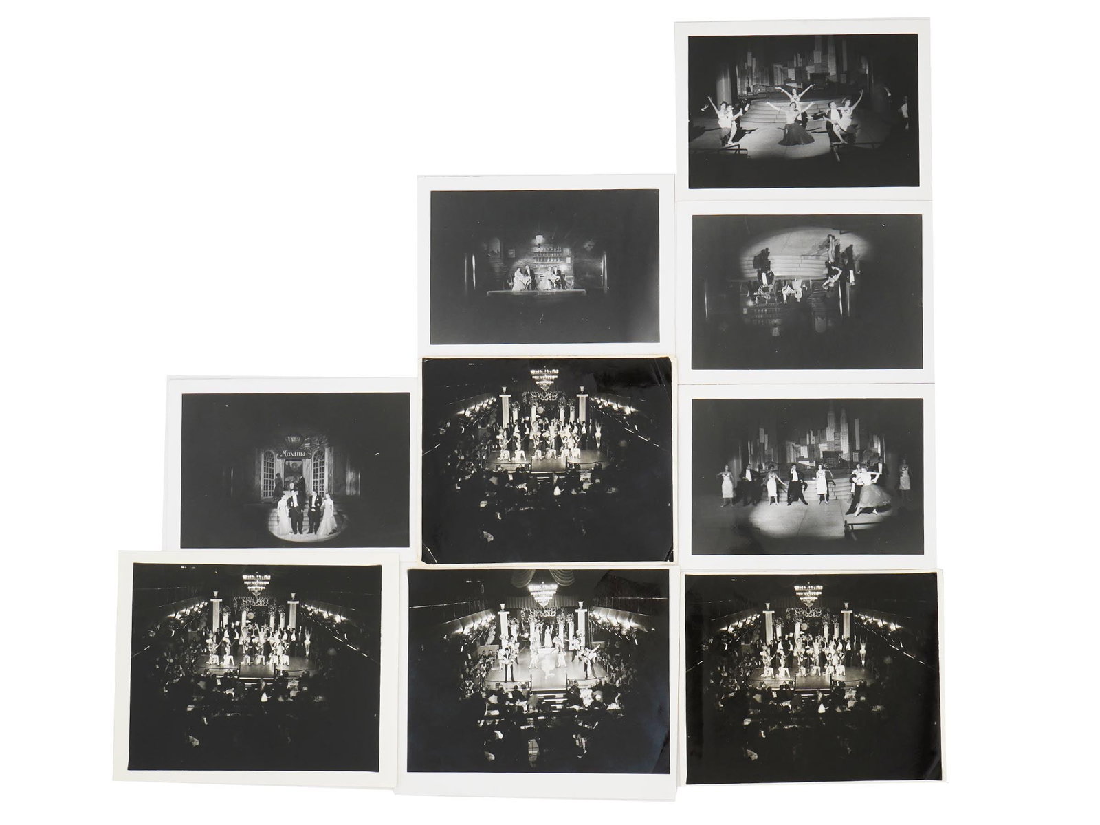 ANTIQUE 1920S AMERICAN BLACK AND WHITE PHOTOGRAPHS: A set of antique, 1920s, American black and white reportage photographs. A total of 9 items. All the photographs depict a theatrical dance performance. Most of the photographs are handwritten with a S