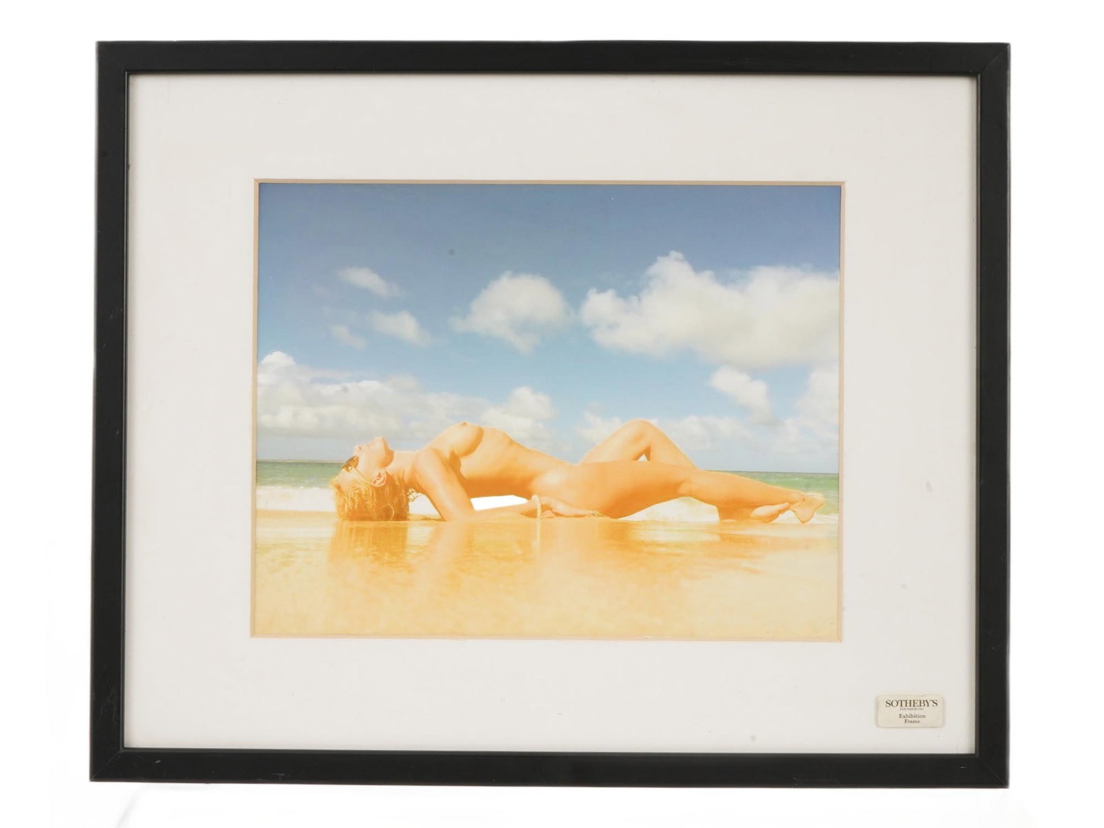 VINTAGE PHOTOGRAPH OF NUDE WOMAN ON THE BEACH: A vintage photograph of a laying nude woman posing on the beach. Matted and framed. Bears a Sothebys label. Photo Print Collectibles, Home Decor, Collectible Wall Art Prints, Photography, Land Art. TH