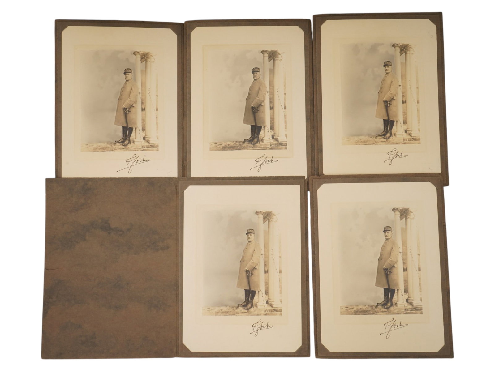 VTG FRANK MOORE STUDIO FERDINAND FOCH PORTRAIT PHOTOS: A collection of five vintage hand-tinted studio portrait photographs of Field Marshal Ferdinand Foch by photographer Frank Moore, circa 1921, signed. The portraits depict the celebrated World War I Al