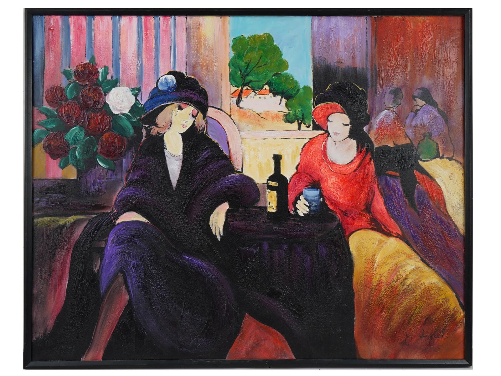 EUROPEAN SCHOOL OIL PAINTING SIGNED BY ARTIST SIGAL: A Mid 20th century European School oil painting on canvas depicting a genre scene with a pair of ladies. Signed by the artist, Sigal, lower right. Framed. Modern and Contemporary European Fine Art, Ca