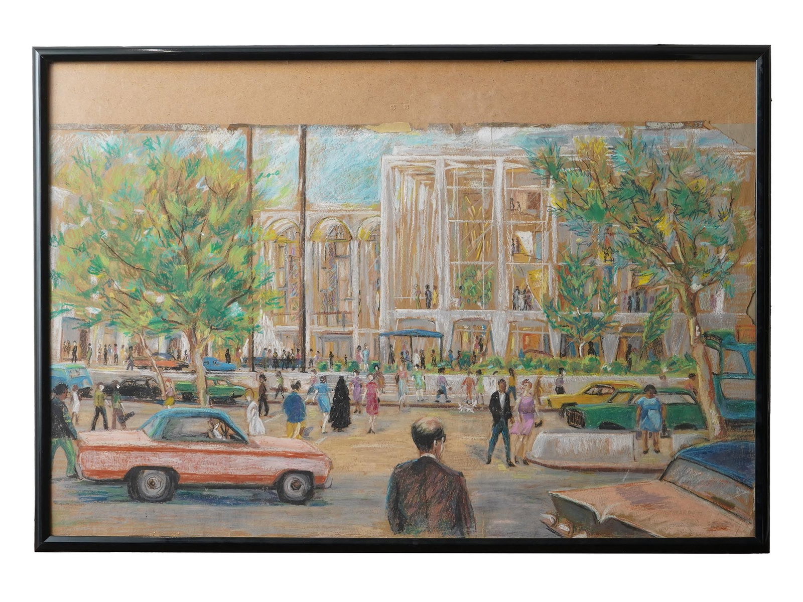 VTG AMERICAN CITYSCAPE PASTEL PAINTING BY A WARREN: A vintage American cityscape pastel painting by A. Warren, 1966. The painting depicts a dynamic street scene with walking people against the backdrop of the Metropolitan Opera in New York. Signed by t