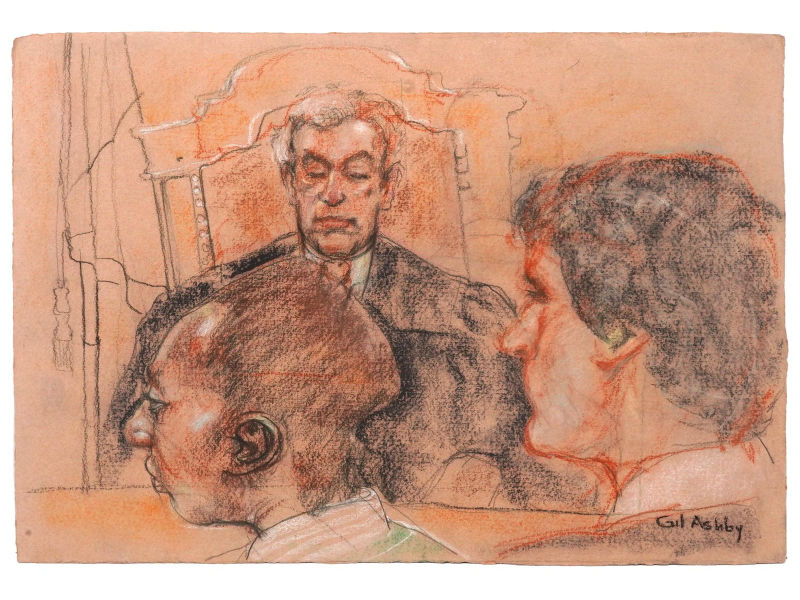 MODERN AMERICAN SCENE PASTEL PAINTING BY GIL ASHBY: Gil Ashby, a Modern American artist, pastel painting on toned paper depicting a court scene. Signed lower right. Inscribed on the backside. Circa: 1970s. Ashby has drawn murals, graphic novels, and il
