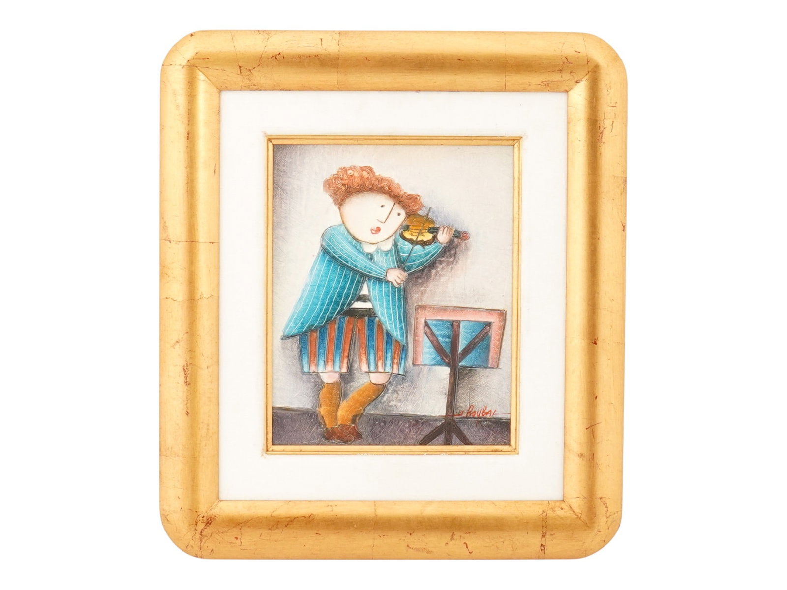 ENGLISH OIL PAINTING ON CANVAS BY JOYCE ROYBAL: An oil painting on canvas by English artist Joyce Roybal, who was born in 1955. The painting depicts a young man playing the violin. Signed lower right. Matted and framed. Joyce Roybal is known for Ca
