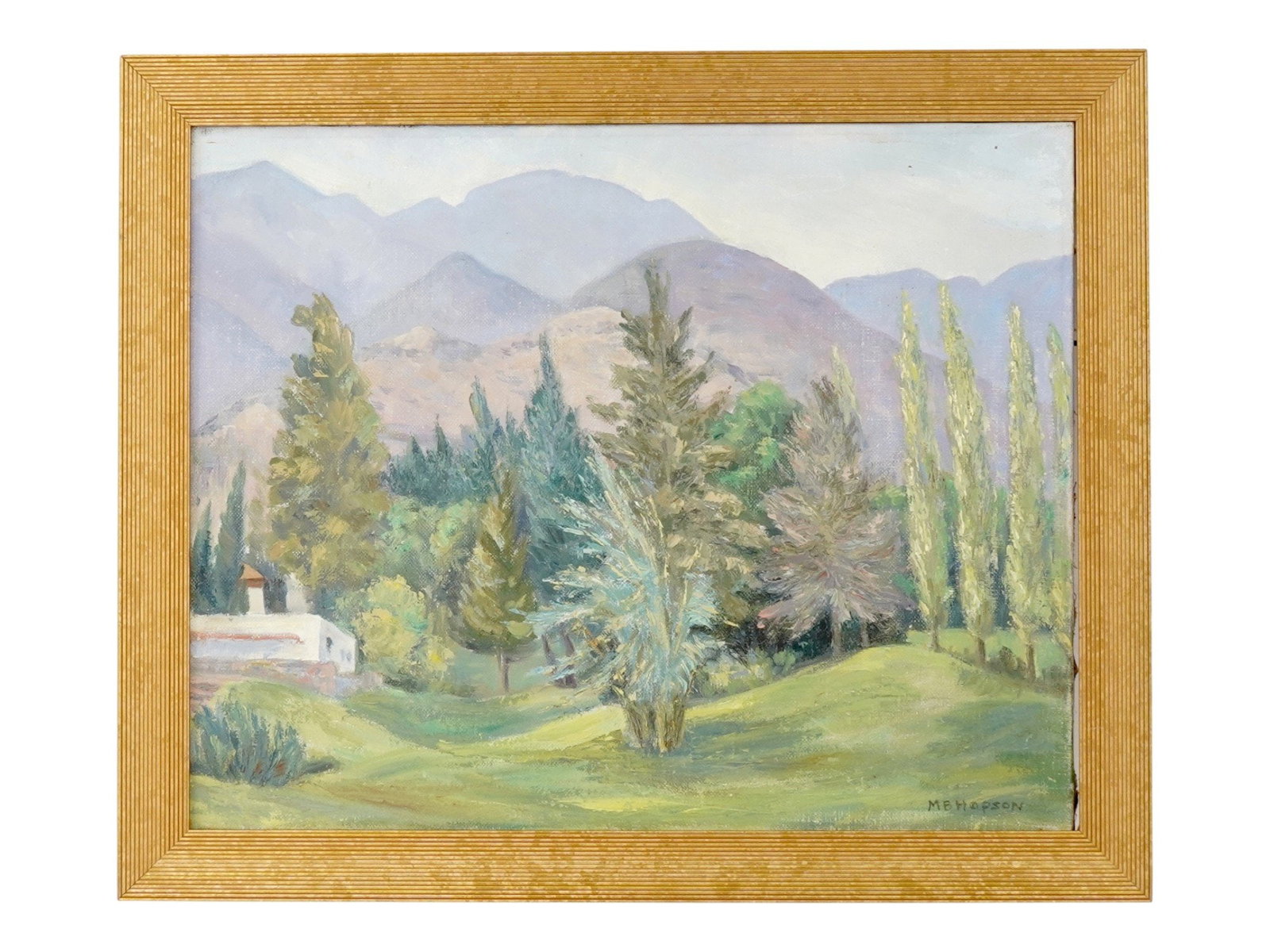 AMERICAN LANDSCAPE OIL PAINTING SIGNED MB HOPSON: Oil on canvas painting. American, mid to late 20th century. The artwork depicts a mountain landscape. Signed in the lower right, M.B. Hopson. Framed. Collectible Fine Art And Wall Decor. THIS LOT IS E