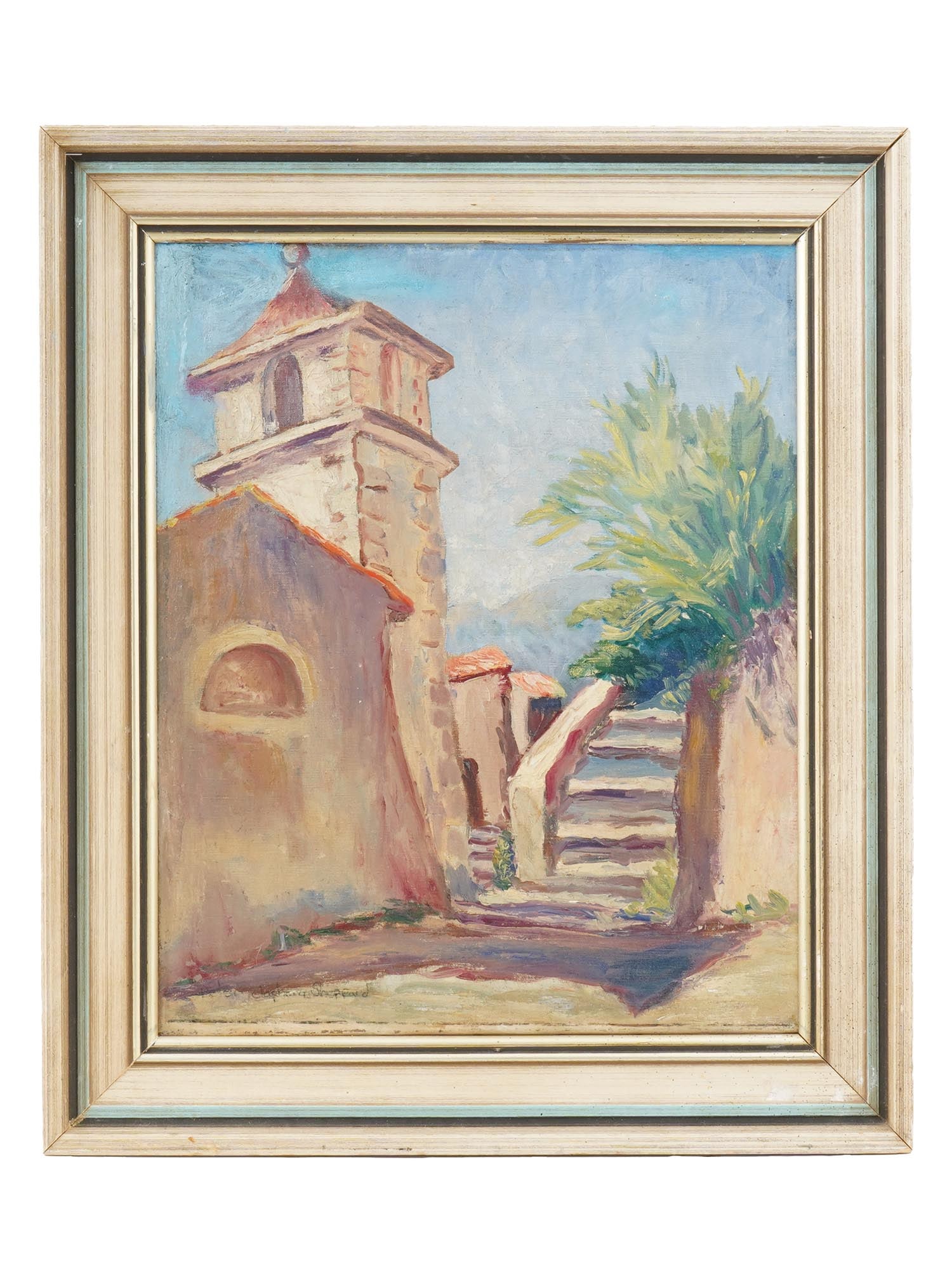 CANADIAN OIL PAINTING BY PETER CLAPHAM SHEPPARD: An oil on canvas painting by Peter Clapham Sheppard, 1881 to 1964, a Canadian artist and printmaker, member of the Royal Canadian Academy of Arts. The artwork represents a building with a bell tower, 