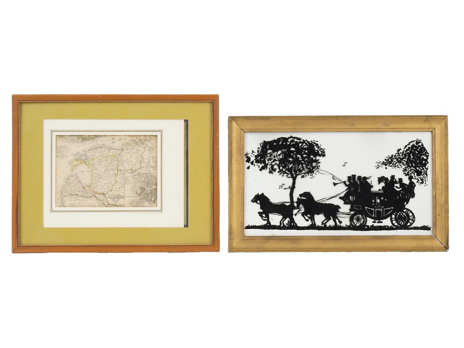 ANTIQUE EUROPEAN MAP AND SILHOUETTE PAINTING ON GLASS: A lot of two items including an antique European map and a silhouette painting on glass. The map is a popular German Meyers Zeitungs Atlas, Berlin, 1849. Matted and framed. The silhouette painting dep
