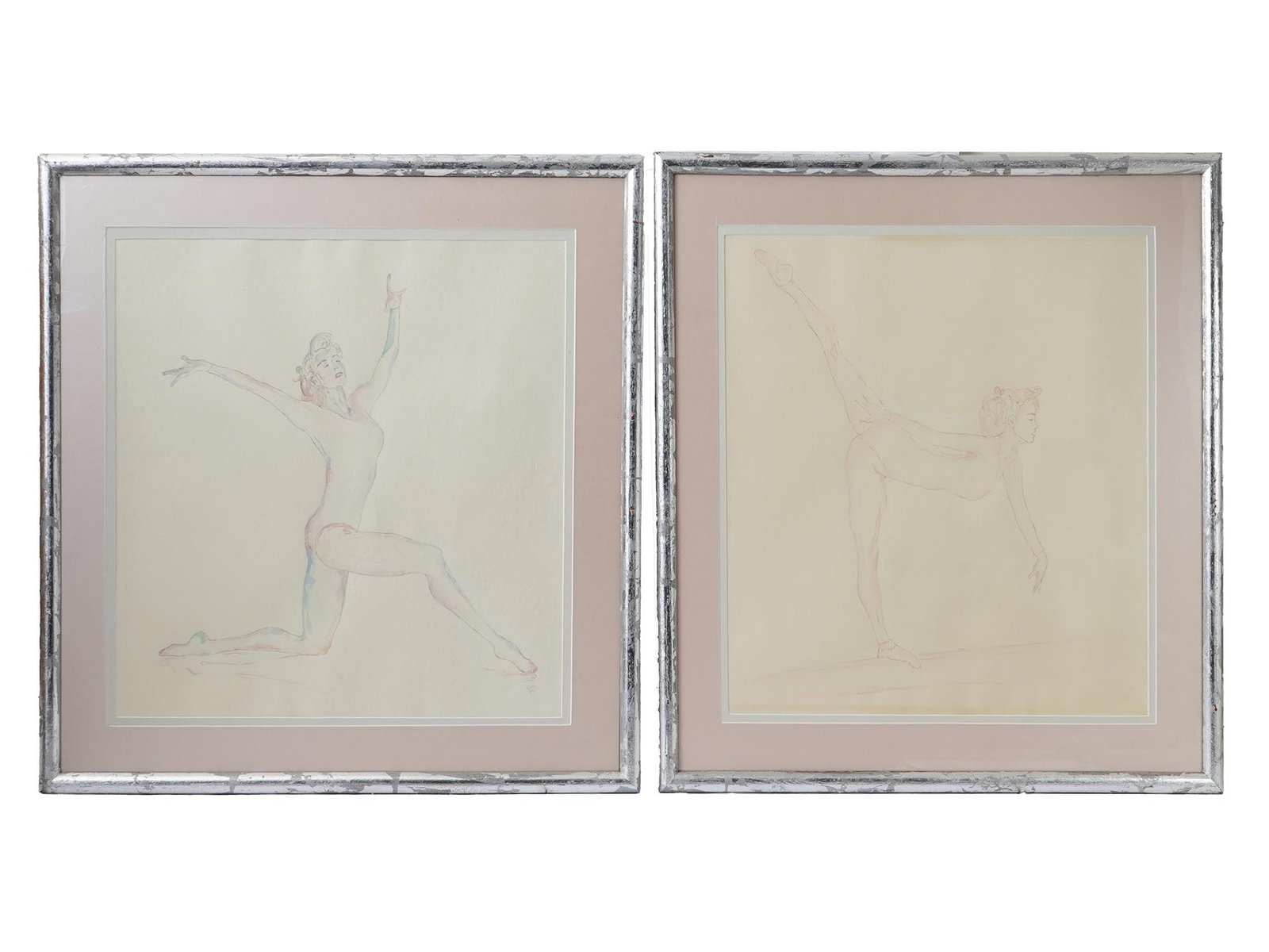 LOT OF TWO MIXED MEDIA PAINTINGS WITH DANCERS: A lot of two mixed media drawings on paper, each depicting a female figure in a dance pose. The drawings appear to be primarily outlines with subtle use of color. The figures are rendered in a delicat