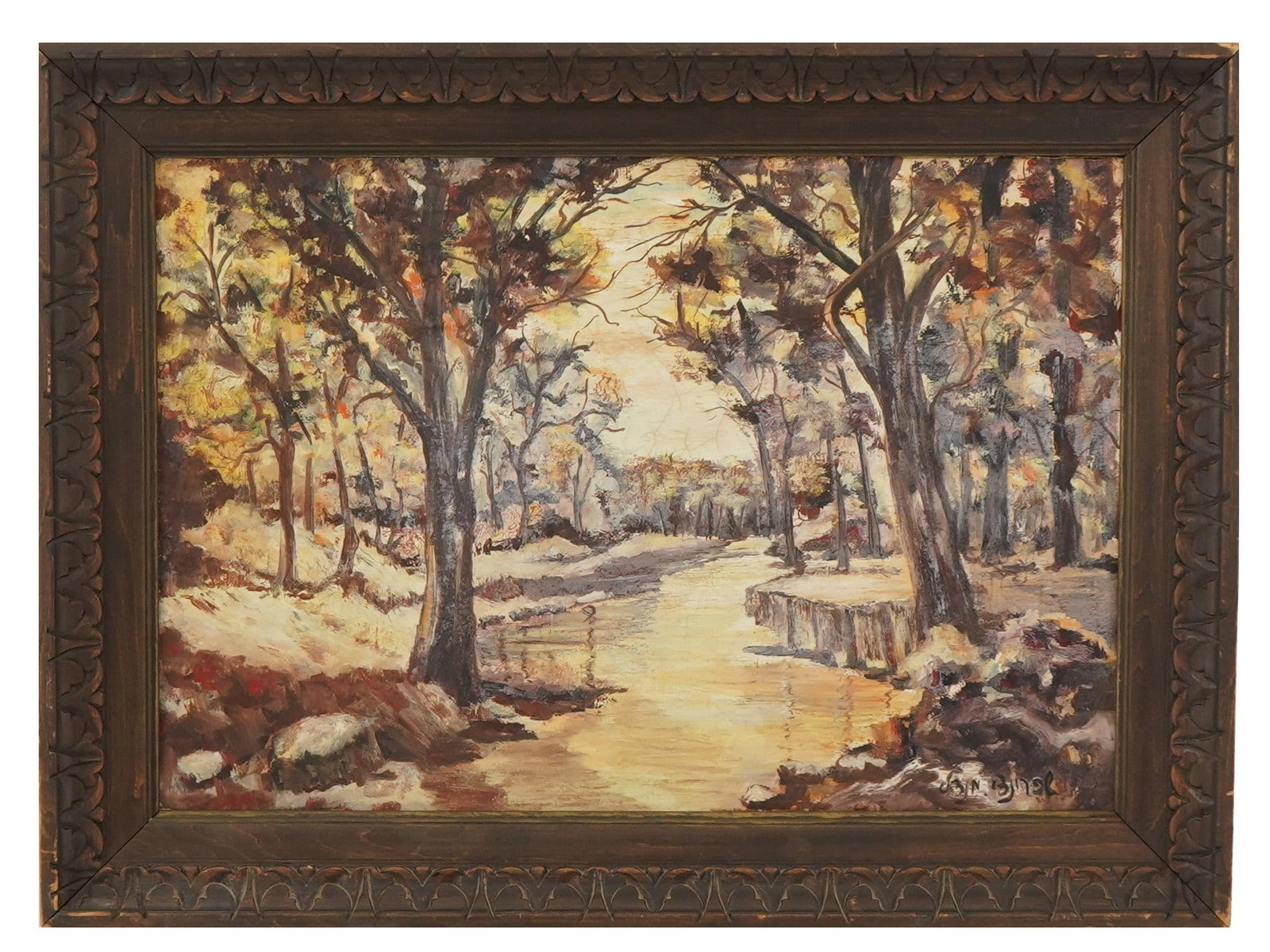 IMPRESSIONIST WINTER LANDSCAPE OIL PAINTING SIGNED: Oil on canvas painting. European, early to mid-20th century. The artwork depicts a forest stream during winter. Impressionist pictorial manner. Signed in the lower right. Framed. Collectible Fine Art.