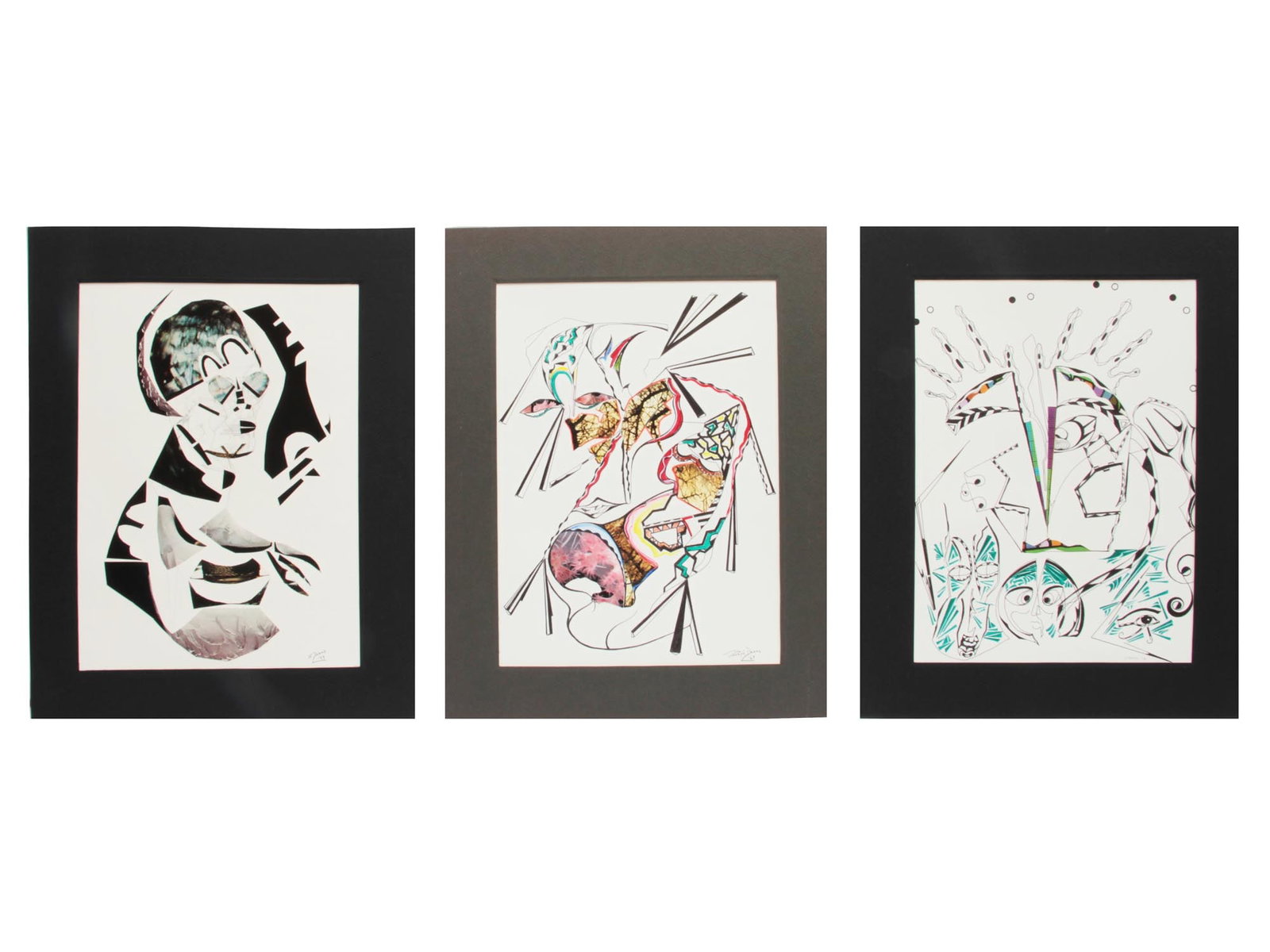 A SET OF THREE VINTAGE MIXED MEDIA COLLAGES: A set of three collages, signed lower right "J. Deane 79". The names of the collages are written on the back: "PATCHWORK FOR THE CRUSTACEON KNIGHT / WHERE KINDNESS BEGINS!", "Coguetries of A Wood Demo