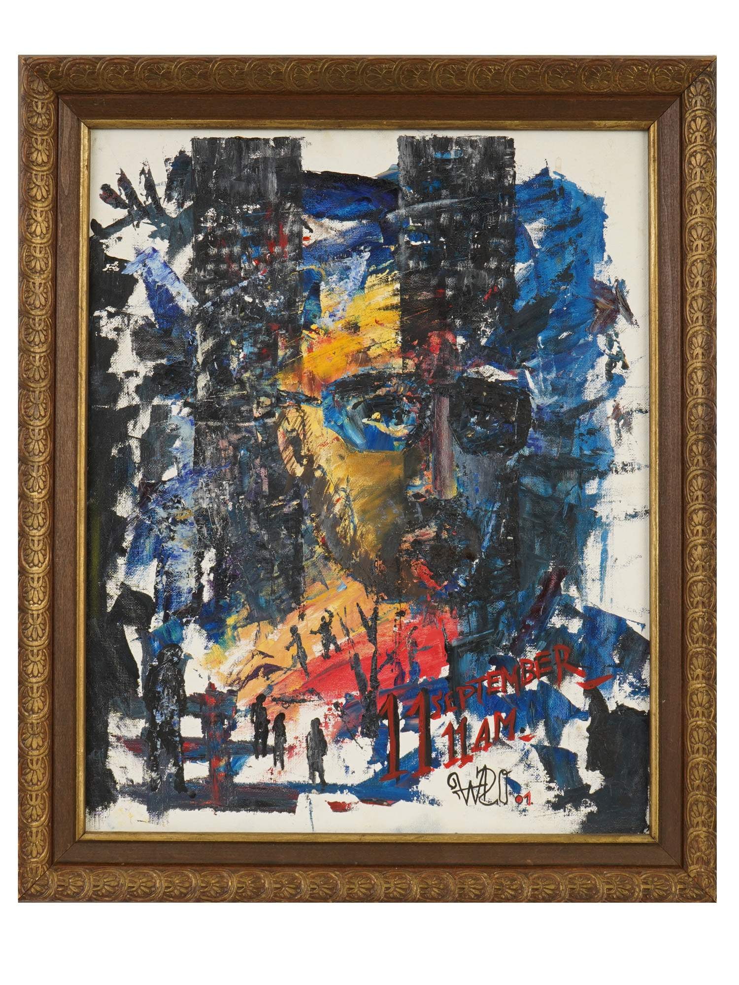 VASILY VEROVSKY AMERICAN OIL PAINTING SEPTEMBER 11: Vasily Verovsky, Russian-American, born 1955, oil painting on masonite. The composition combines the Twin Towers at the World Trade Center, a male portrait, and several figures. Titled September 11, 1