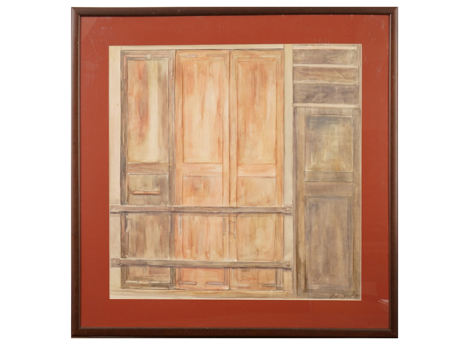 ARCHITECTURAL COMPOSITION WATERCOLOR PAINTING SIGNED: A watercolor on paper painting features an abstract, architectural composition characterized by a grid of vertical and horizontal lines rendered in graphite and earth-toned washes. The central motif s