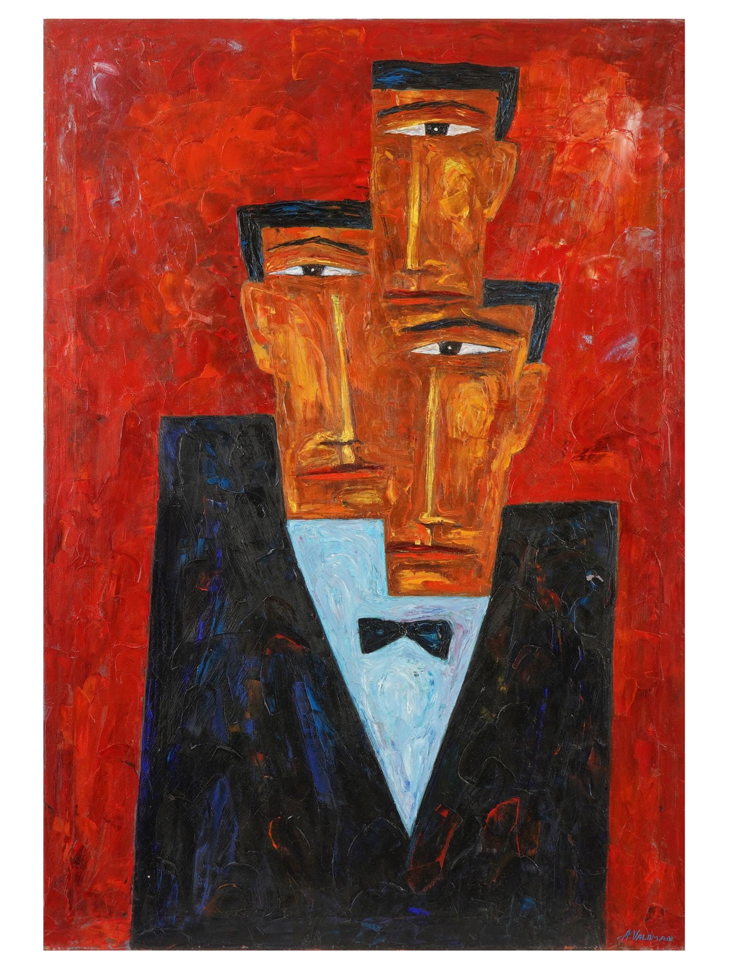 ALEXANDER VALDMAN AMERICAN PORTRAIT OIL PAINTING: Alexander Valdman, Russian-American, 21st century, oil painting on canvas. The artwork depicts a triple portrait of a man wearing a tuxedo. Rich red background, heavy textured canvas. Titled Focal Poi