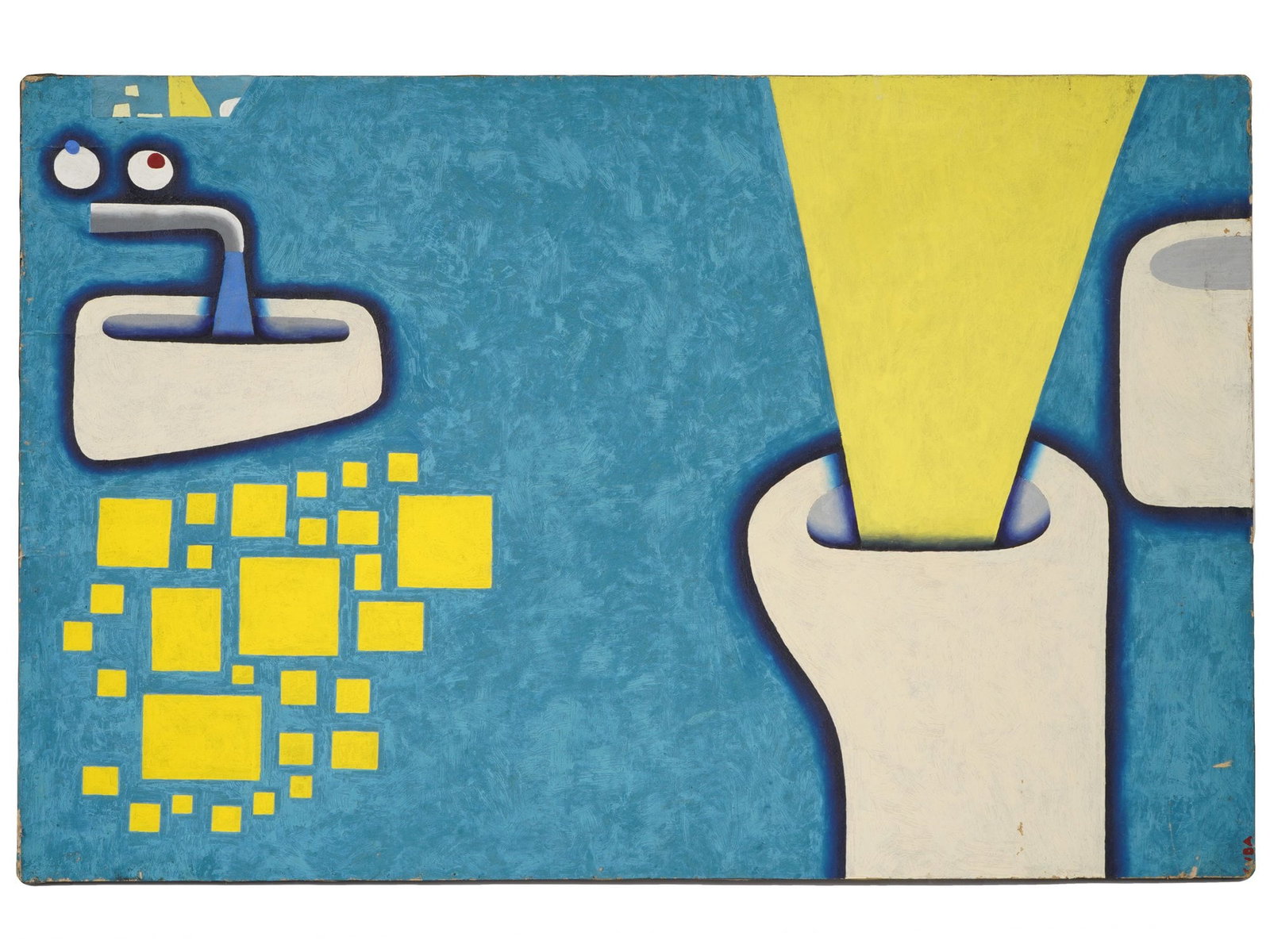 MODERN OIL PAINTING SURREALIST ABSTRACT COMPOSITION: A modern oil painting on paper featuring a surrealist-inspired abstract composition of stylized, object-like forms. Modern Paintings And Art Collectibles. THIS LOT IS ELIGIBLE FOR A 30-DAY UNCONDITION
