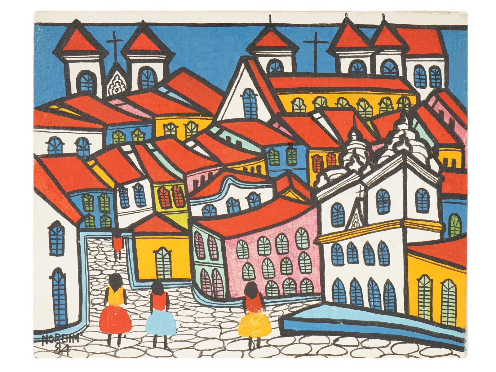 MODERN PAINTING BY EVANDRO NORBIM 1984: A modern mixed media painting on canvas by Evandro Norbim, signed and 1984 lower left. The composition presents a stylized cityscape. Inscribed on verso. Modern Paintings And Art Collectibles. THIS LO