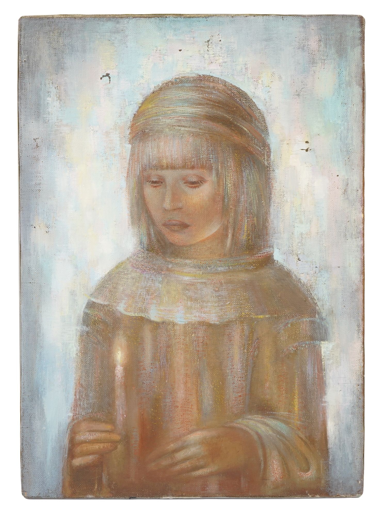 MODERN OIL PAINTING BY LENA LESNICHAYA SAINT SIMEON DAY: A modern oil painting on canvas by Lena Lesnichaya, titled The Day of Saint Simeon, signed and dated 1993 on the verso. The composition presents a youthful figure holding a lit candle. Modern Painting