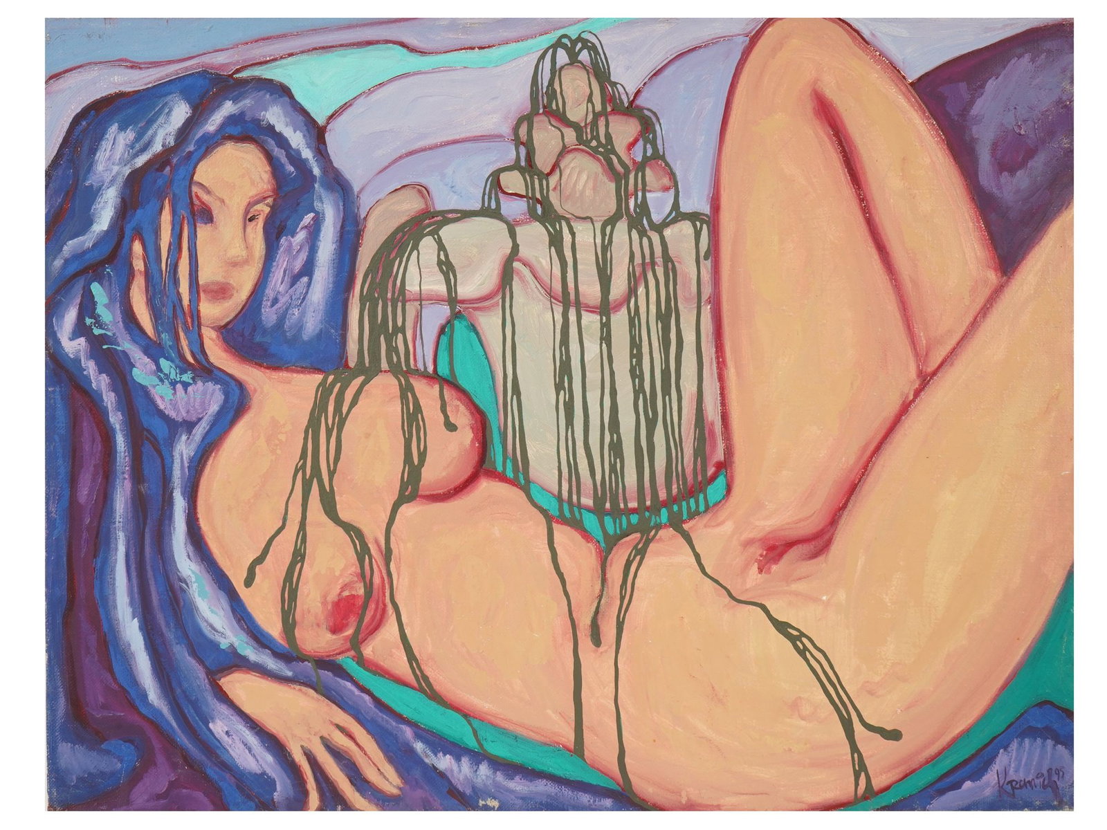 FEMALE NUDE MIXED MEDIA PAINTING SIGNED KRANIG: Mixed media painting on canvas. Signed Kranig and dated 1995 lower right. The artwork presents a reclining nude woman rendered in a stylized, expressive manner. The figure dominates the canvas, her bo