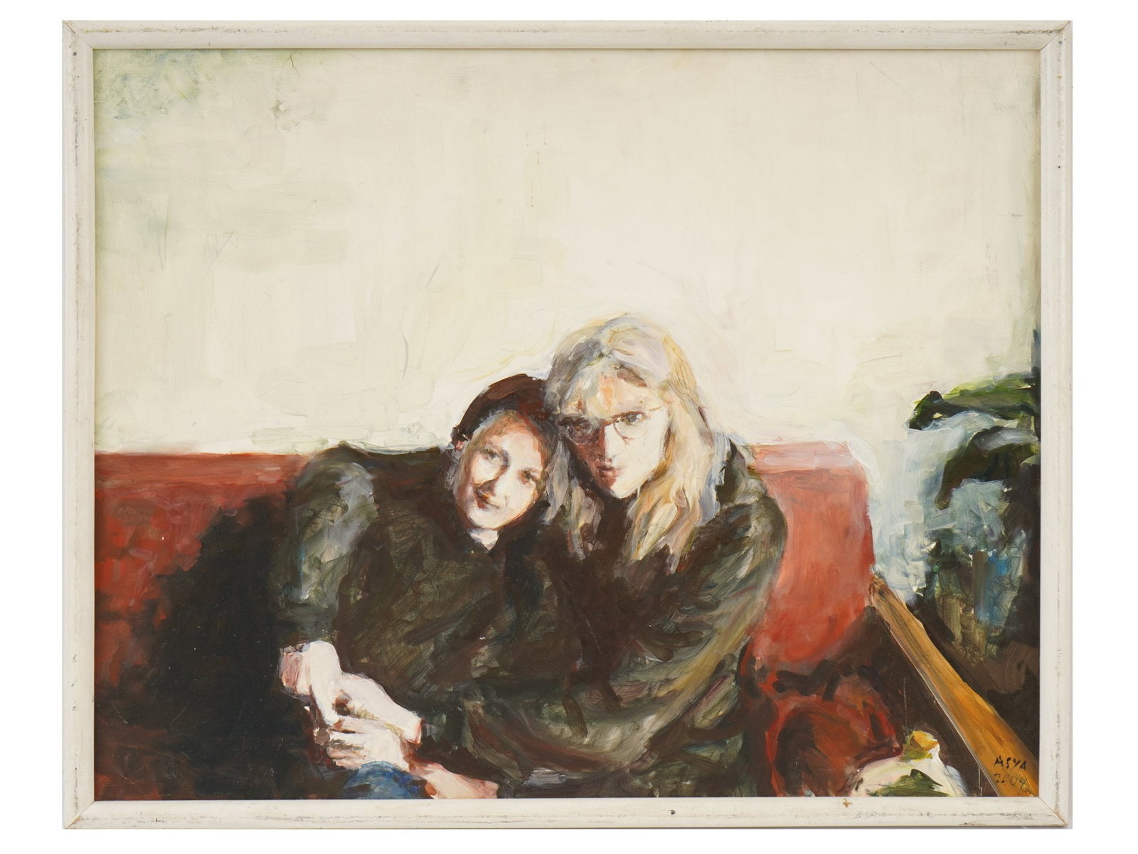 ASYA LIVSHITS UKRANIAN AMERICAN PORTRAIT PAINTING: Asya Livshits, Ukranian-American, born 1966, oil painting on board. The artwork depicts a double portrait of a couple sitting on a couch. Titled Boyfriend and dated 2003-2004 on the backside. Signed l